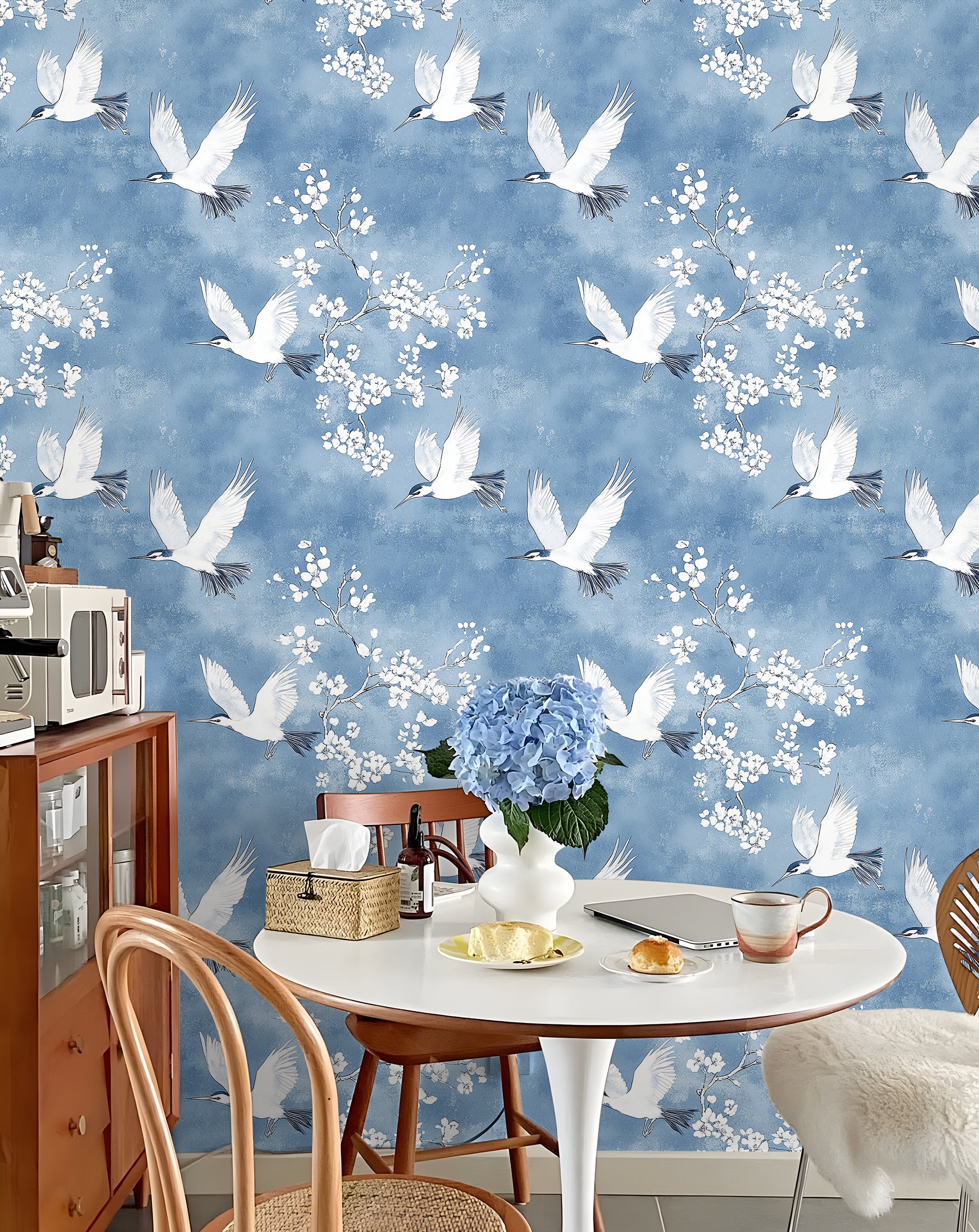 HaokHome Peel and Stick Oriental Crane Blossom Wallpaper Blue White Wall Mural Removable Wall Decor for Bedroom Living Room