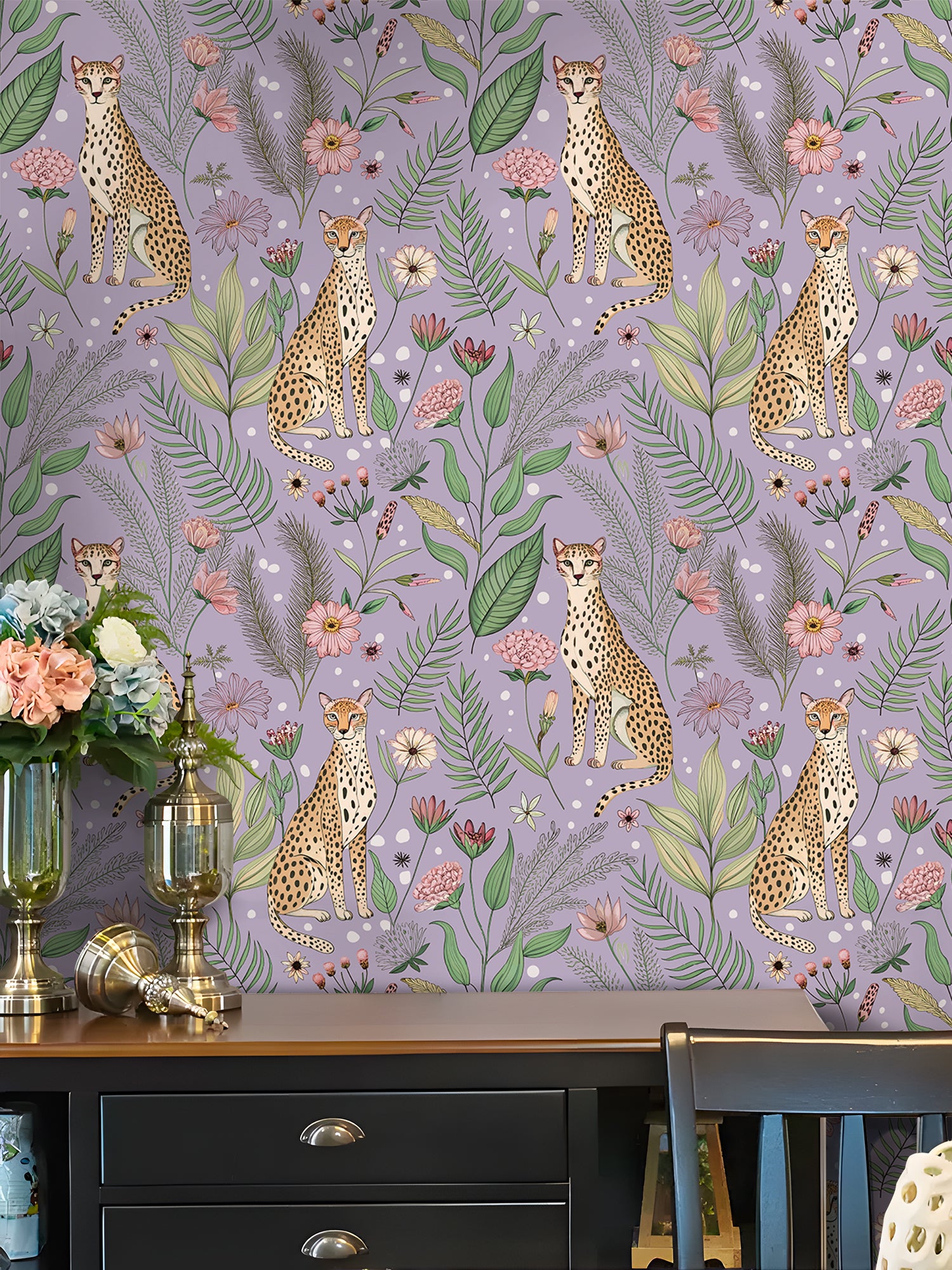HaokHome Peel and Stick Purple Cheetah Wallpaper – Jungle Floral Removable Wall Mural for Kids Room, Nursery, or Playroom