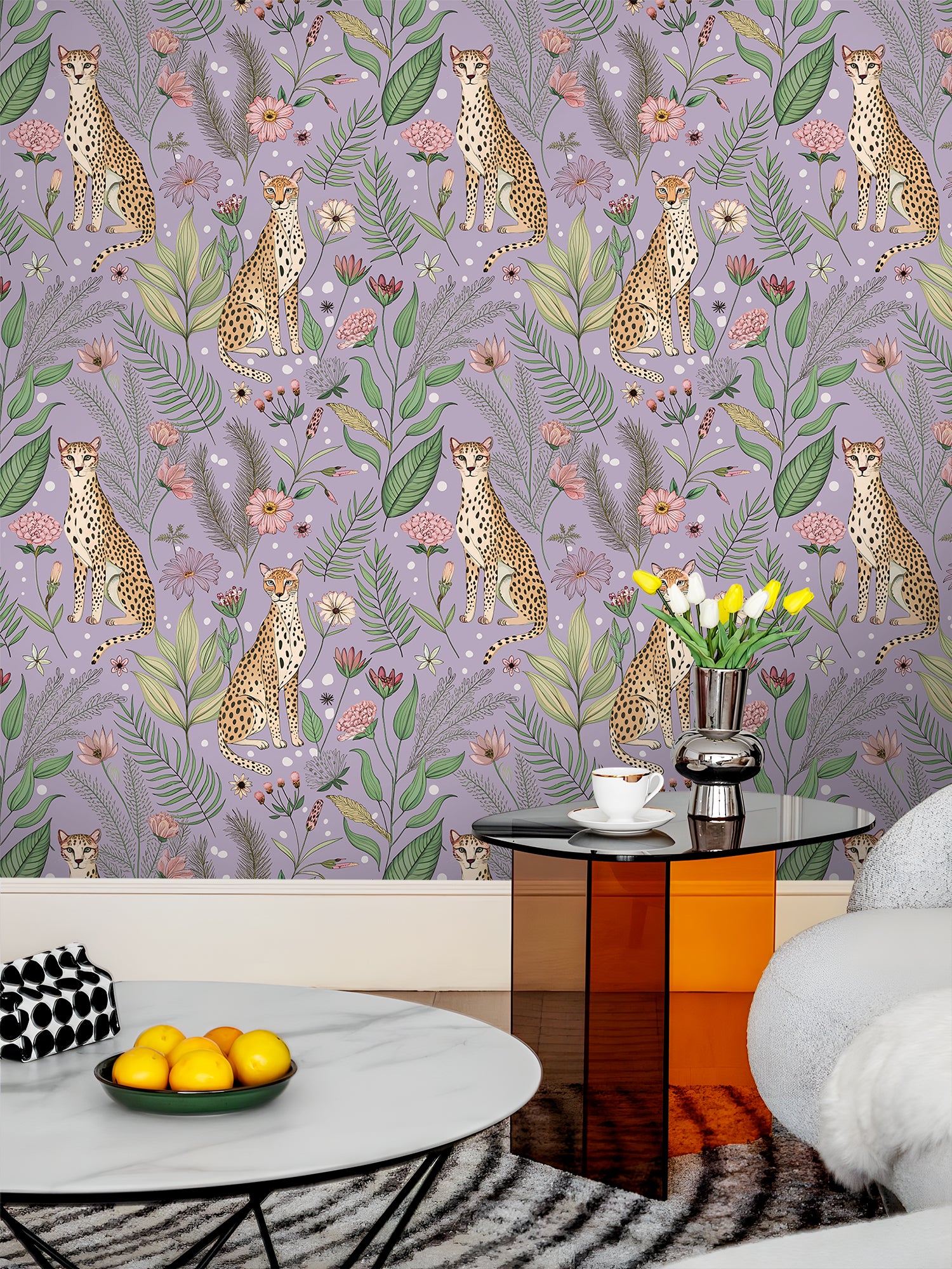 HaokHome Peel and Stick Purple Cheetah Wallpaper – Jungle Floral Removable Wall Mural for Kids Room, Nursery, or Playroom