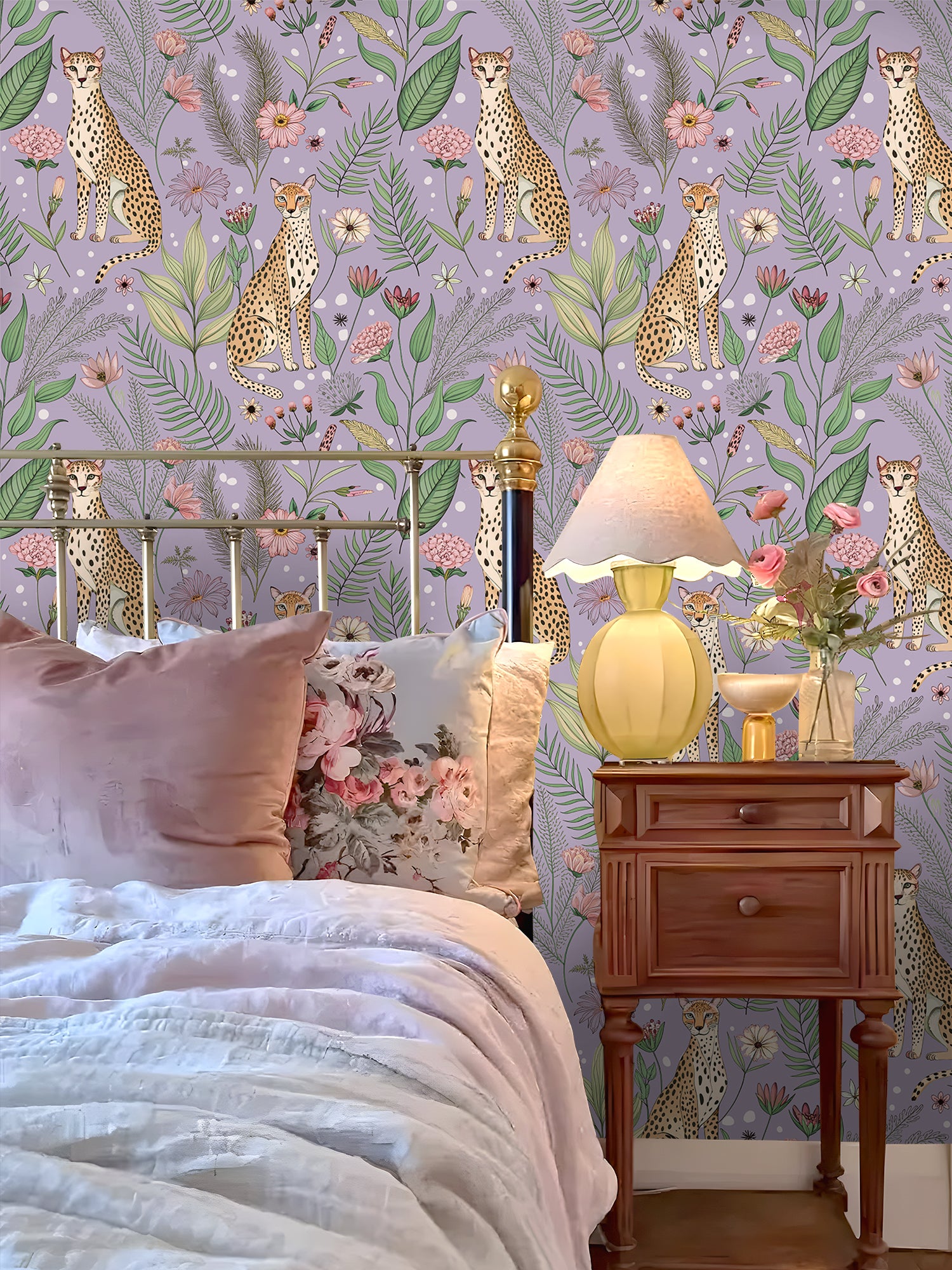 HaokHome Peel and Stick Purple Cheetah Wallpaper – Jungle Floral Removable Wall Mural for Kids Room, Nursery, or Playroom