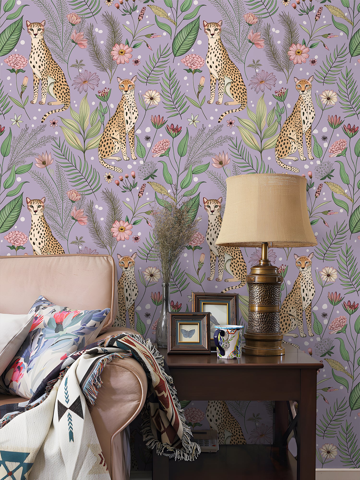 HaokHome Peel and Stick Purple Cheetah Wallpaper – Jungle Floral Removable Wall Mural for Kids Room, Nursery, or Playroom