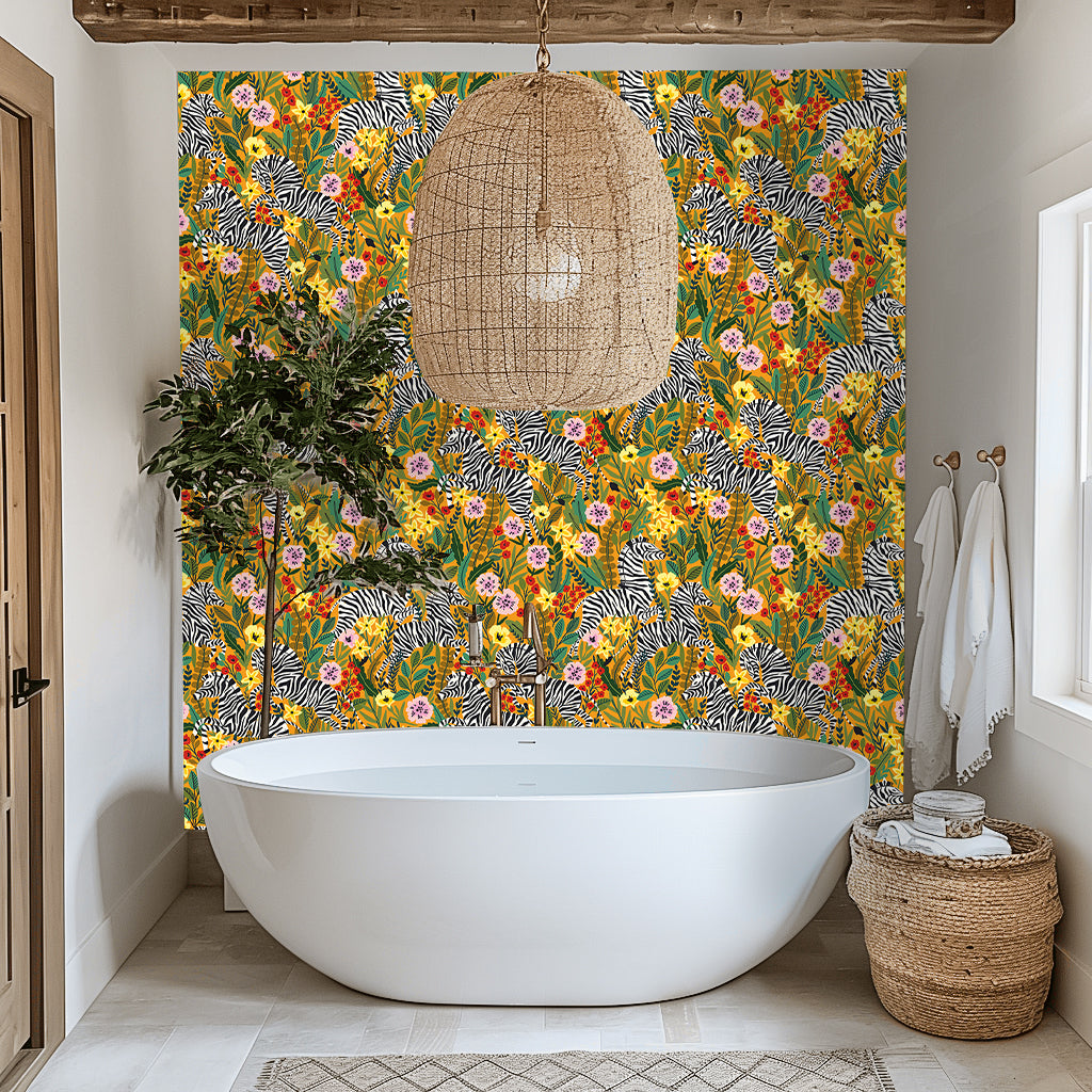 HaokHome Peel and Stick Tropical Zebra Botanical Wallpaper Yellow Pink Green Wall Mural Removable Wall Decor for Bedroom Living Room