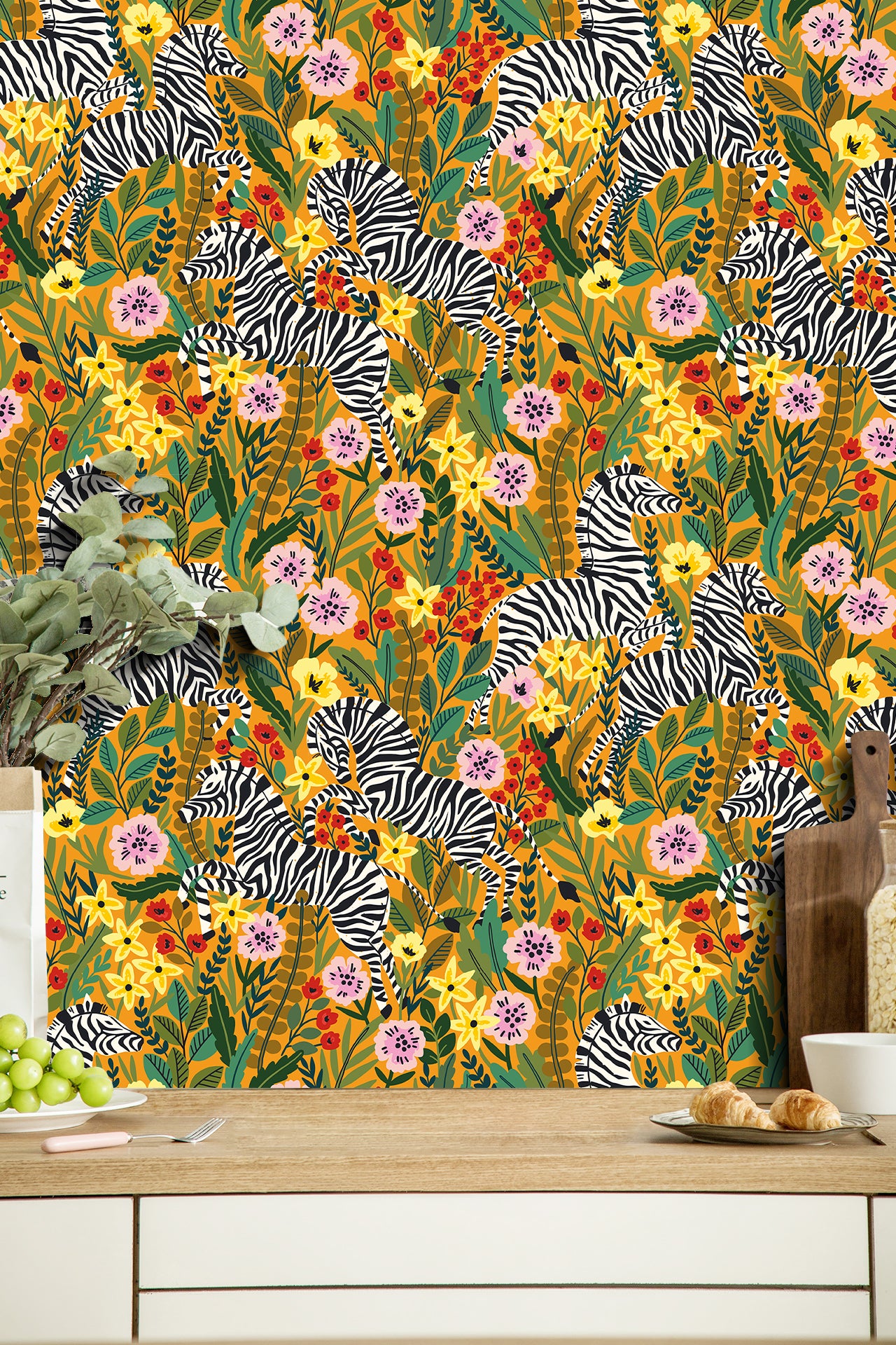 HaokHome Peel and Stick Tropical Zebra Botanical Wallpaper Yellow Pink Green Wall Mural Removable Wall Decor for Bedroom Living Room