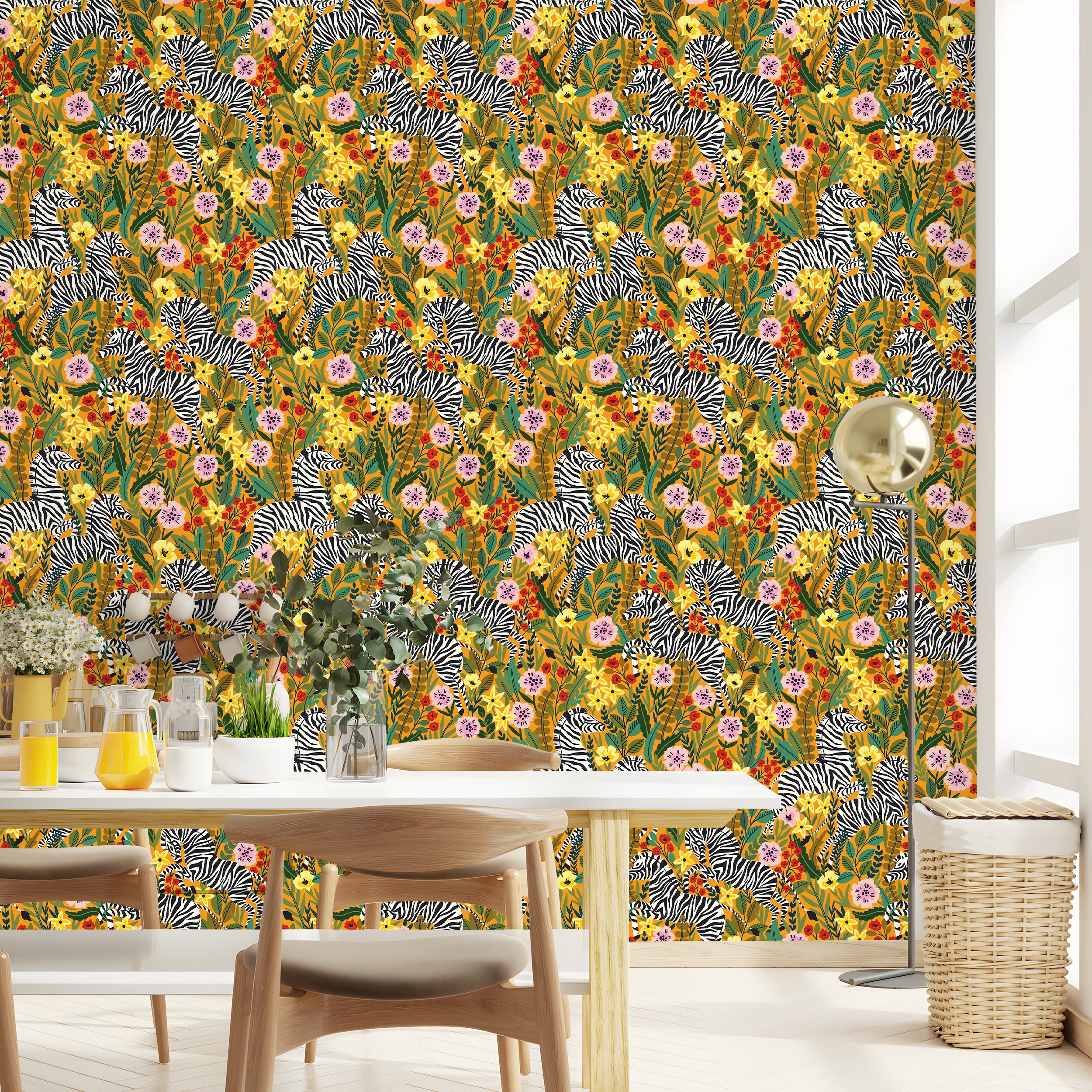 HaokHome Peel and Stick Tropical Zebra Botanical Wallpaper Yellow Pink Green Wall Mural Removable Wall Decor for Bedroom Living Room