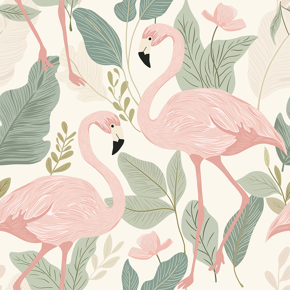 HaokHome Peel and Stick Wallpaper - Soft Pastel Flamingo & Leaf Pattern Removable Self Adhesive Wallpaper for Nursery & Kids Room