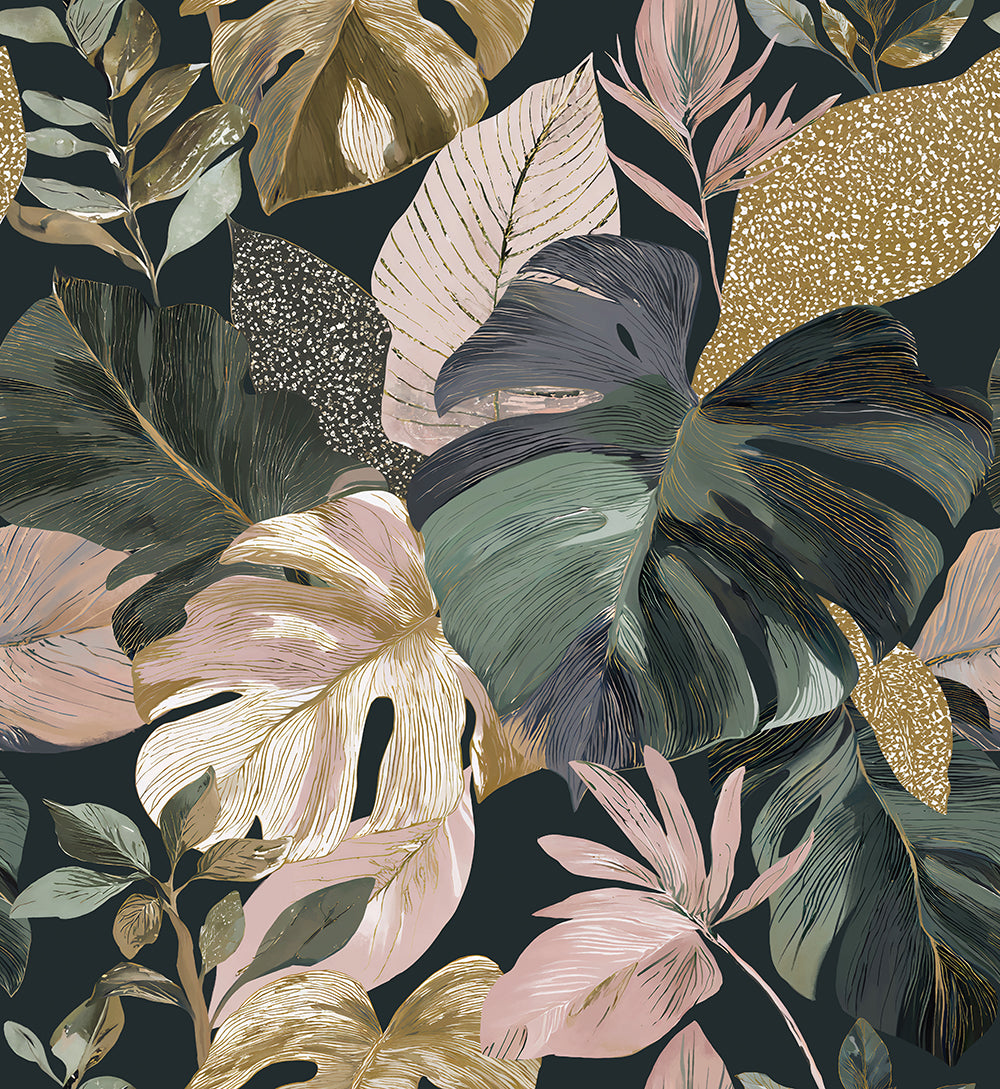 HaokHome Peel and Stick Wallpaper Black Watercolor Monstera Tropical Leaf Wall Mural Removable Self Adhesive Luxe Dark Jungle Wallpaper