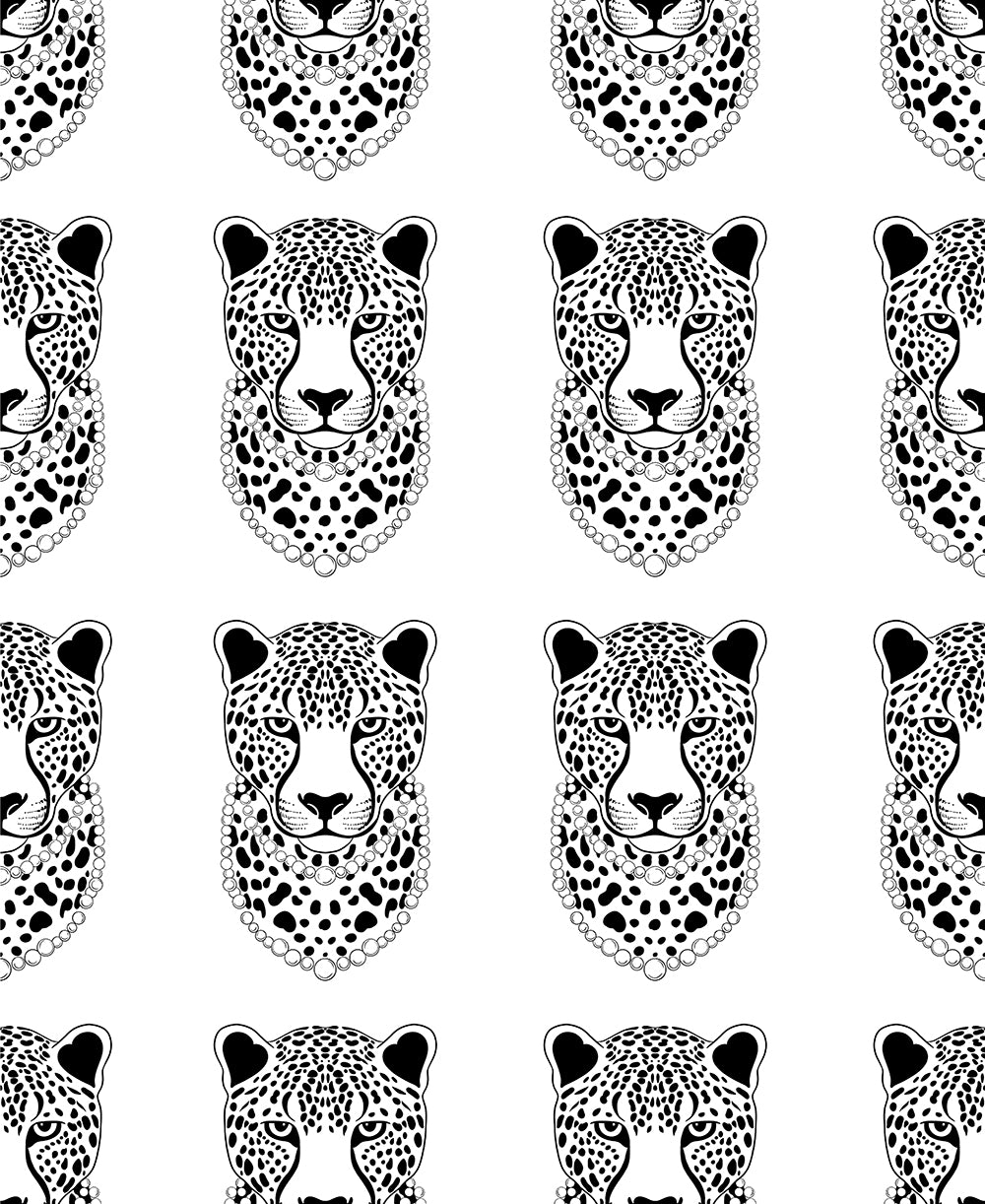 HaokHome Peel and Stick Wallpaper Black White Cheetah With Pearl Necklace Wall Mural Removable Self Adhesive Modern Wild Animal Wallpaper