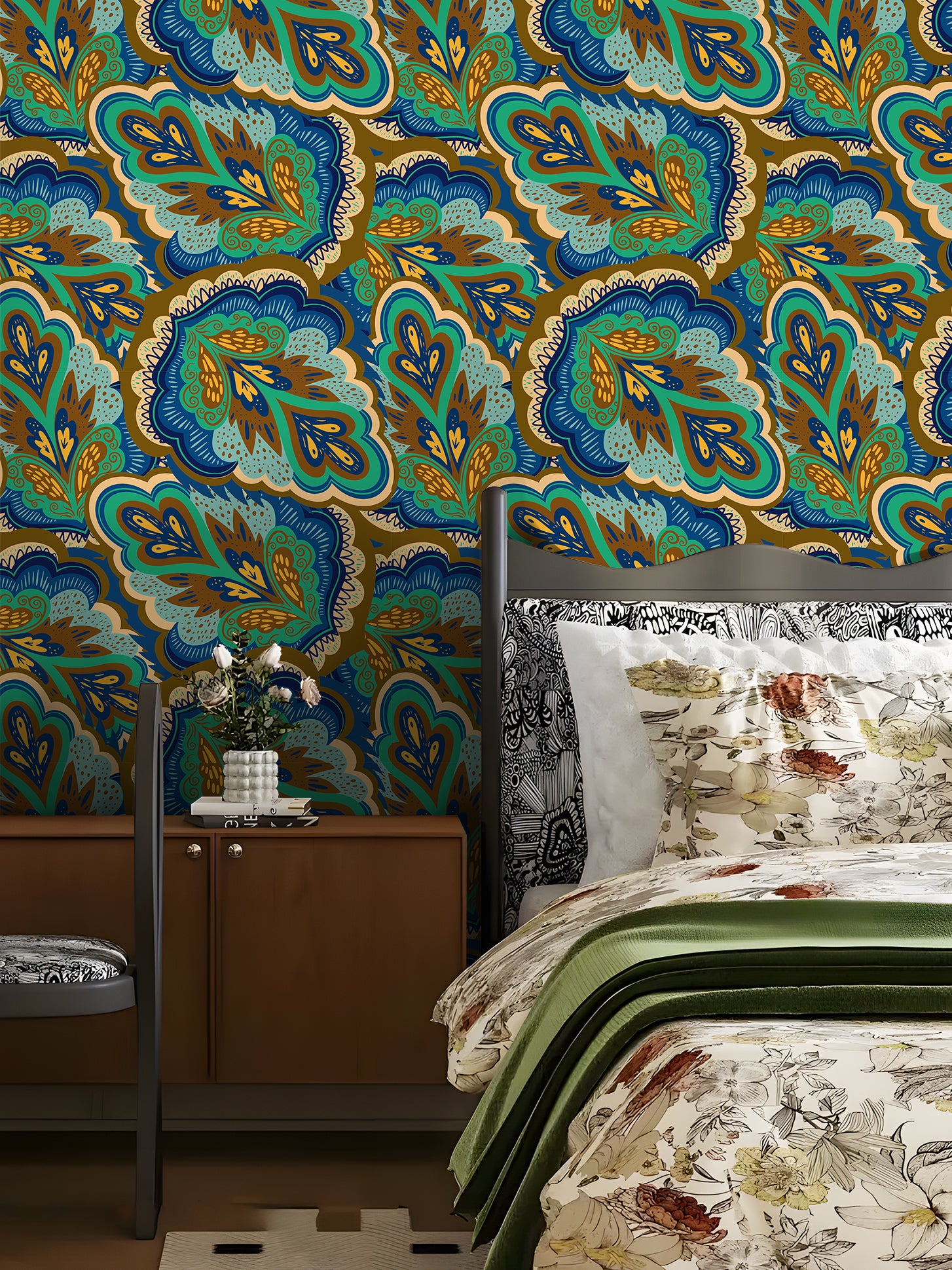 HaokHome Peel and Stick Wallpaper Blue Green Retro Paisley Floral Pattern Wall Mural Removable Vinyl Self Adhesive Wallpaper for Bedroom Living Room Boho Decor