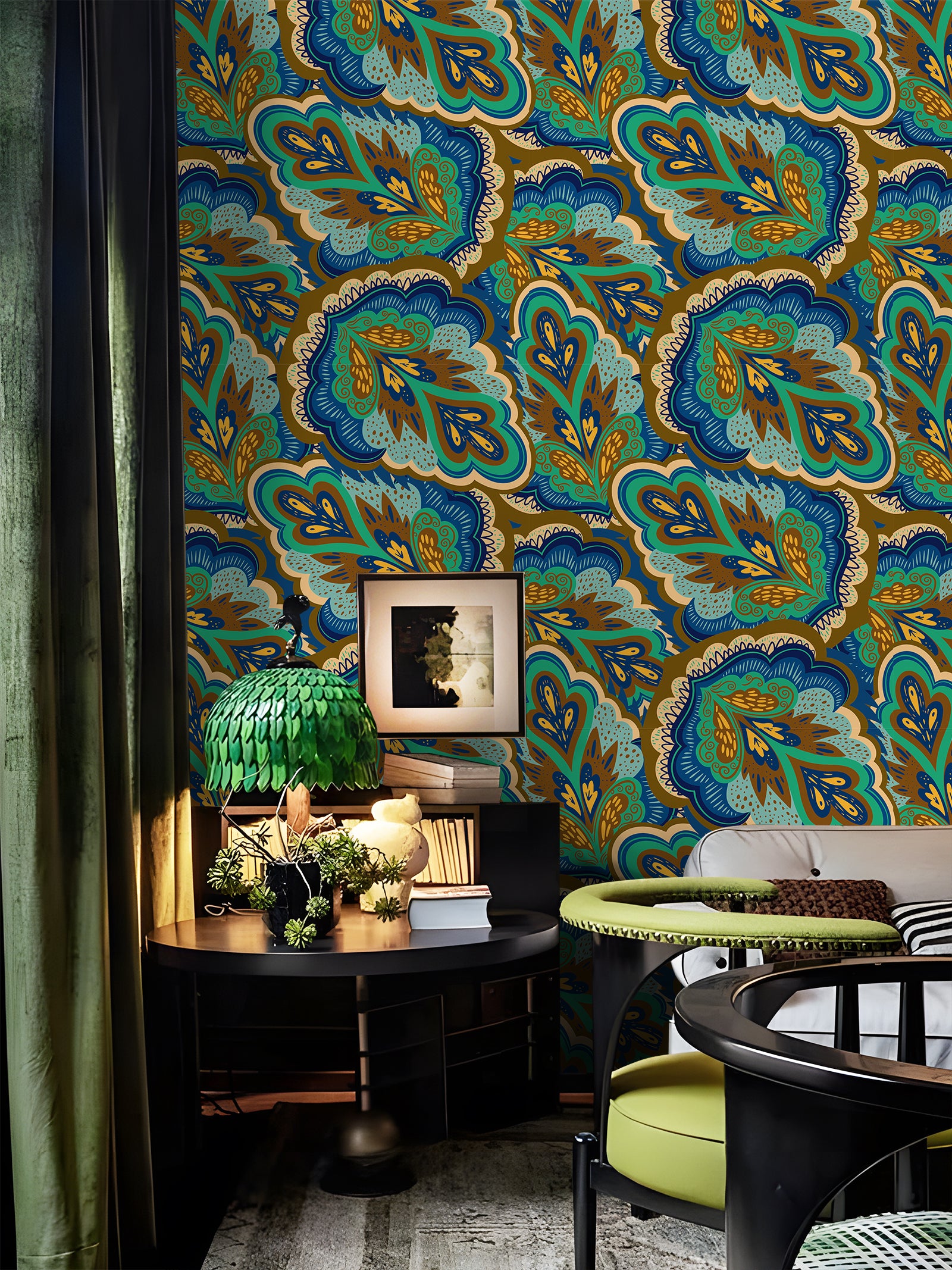 HaokHome Peel and Stick Wallpaper Blue Green Retro Paisley Floral Pattern Wall Mural Removable Vinyl Self Adhesive Wallpaper for Bedroom Living Room Boho Decor