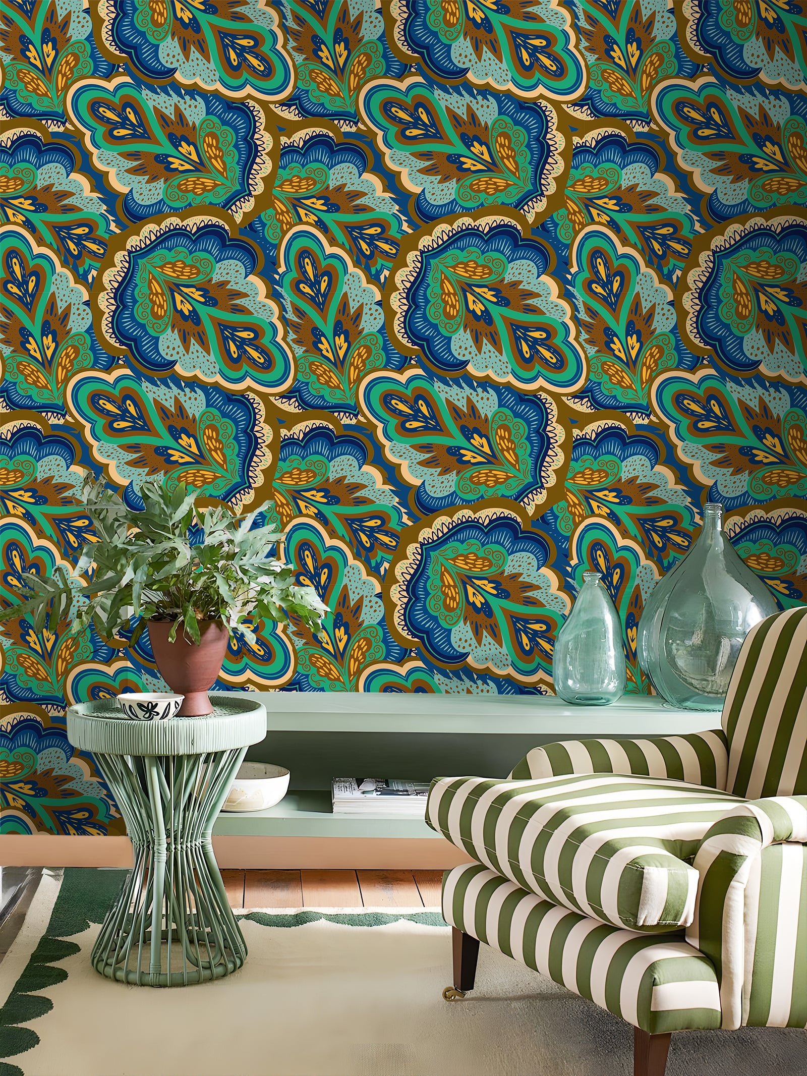 HaokHome Peel and Stick Wallpaper Blue Green Retro Paisley Floral Pattern Wall Mural Removable Vinyl Self Adhesive Wallpaper for Bedroom Living Room Boho Decor