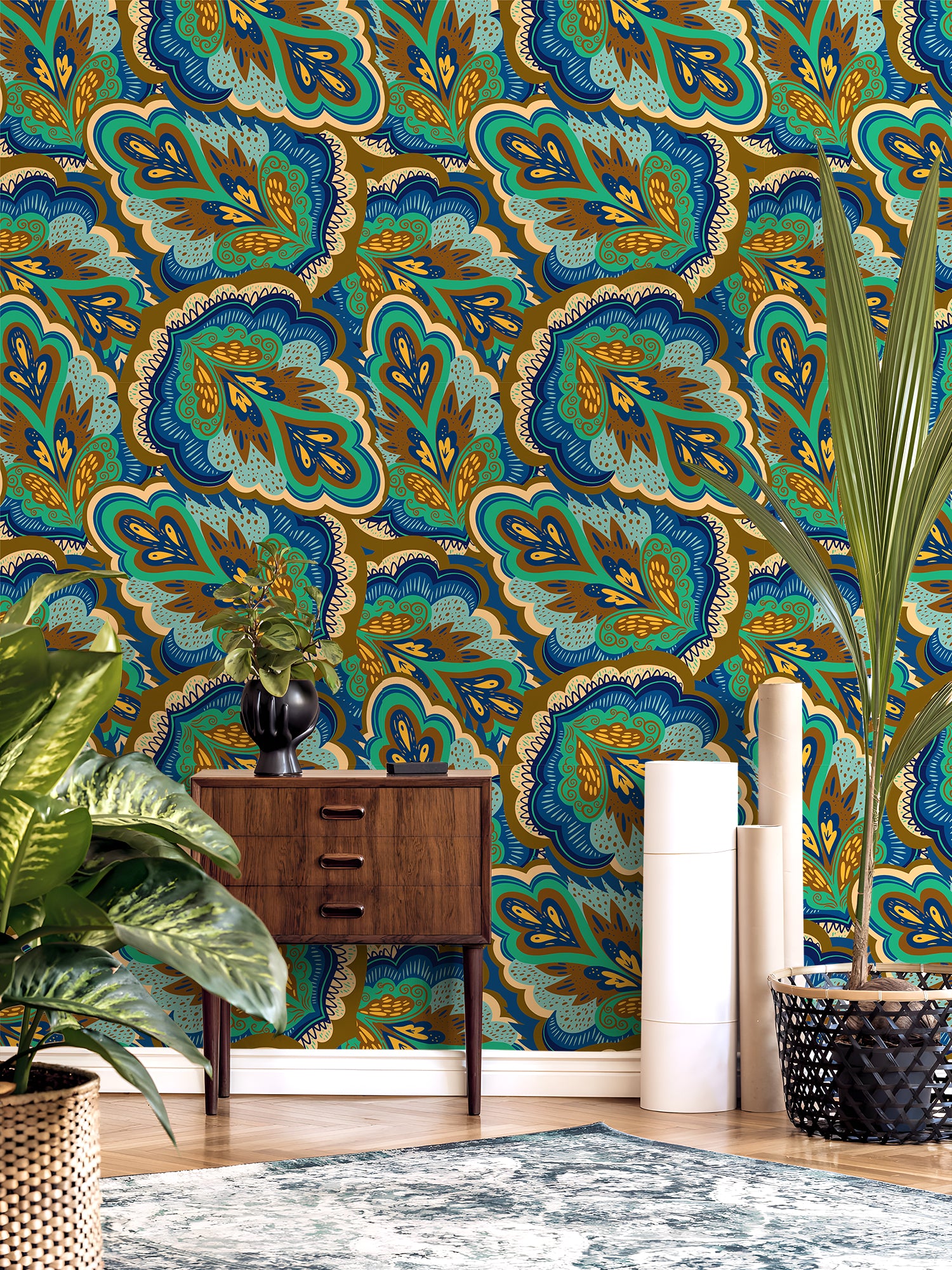 HaokHome Peel and Stick Wallpaper Blue Green Retro Paisley Floral Pattern Wall Mural Removable Vinyl Self Adhesive Wallpaper for Bedroom Living Room Boho Decor