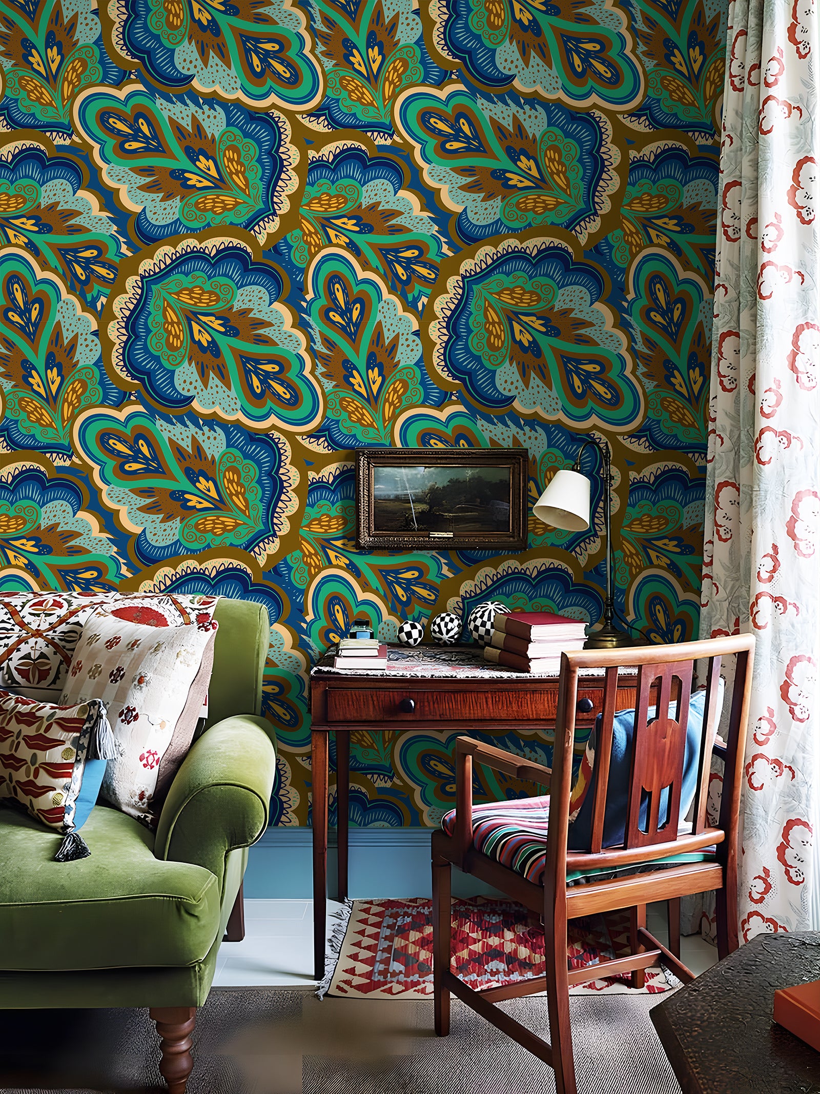 HaokHome Peel and Stick Wallpaper Blue Green Retro Paisley Floral Pattern Wall Mural Removable Vinyl Self Adhesive Wallpaper for Bedroom Living Room Boho Decor