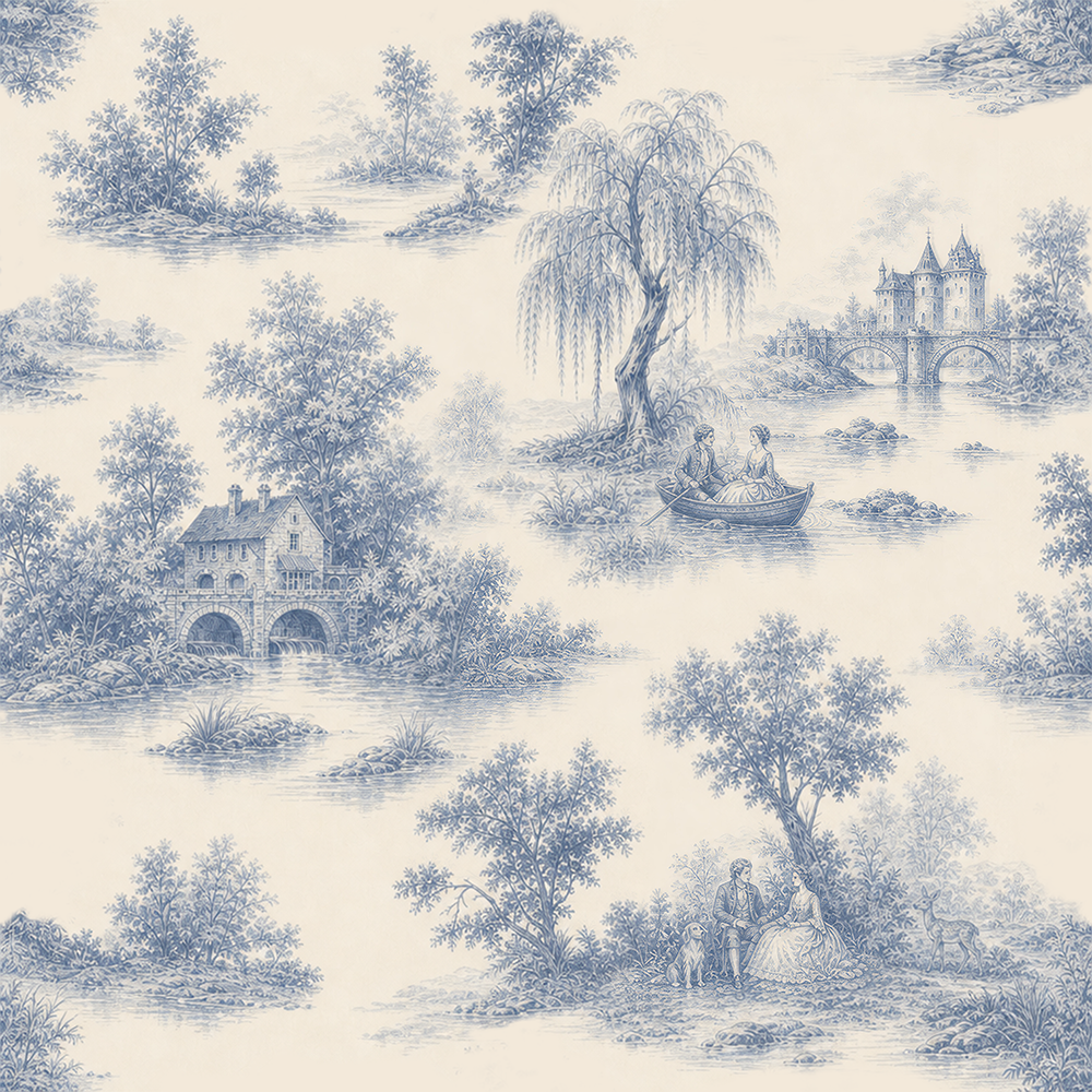 HaokHome Peel and Stick Wallpaper Blue White Lake Landscape Toile de Jouy Wall Mural Removable Self Adhesive French Country Wallpaper