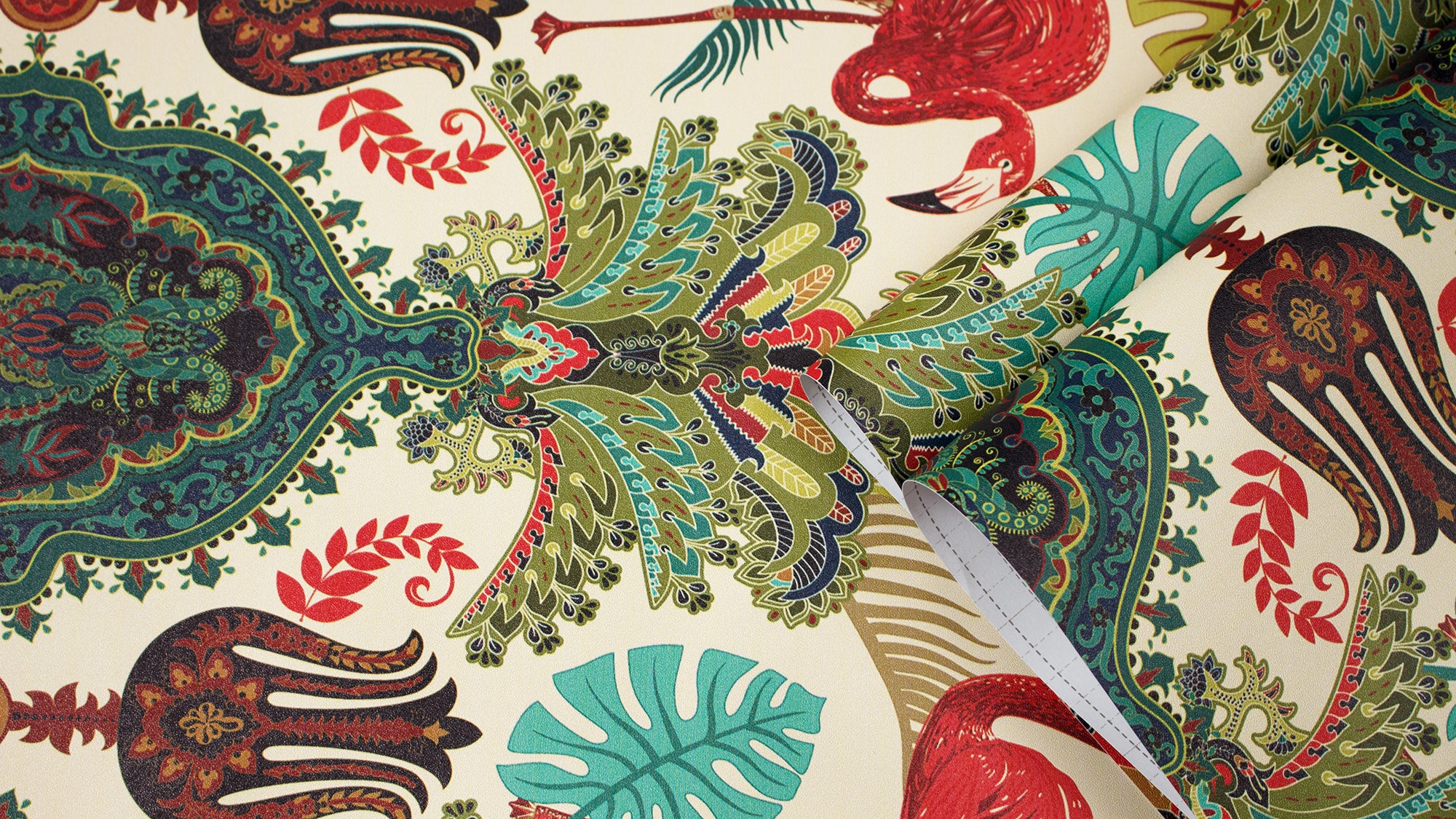 HaokHome Peel and Stick Wallpaper Boho Tropical Flamingo and Leaf Pattern Vintage Baroque Wall Mural Removable Vinyl Self Adhesive Wallpaper for Living Room Bedroom Accent Wall