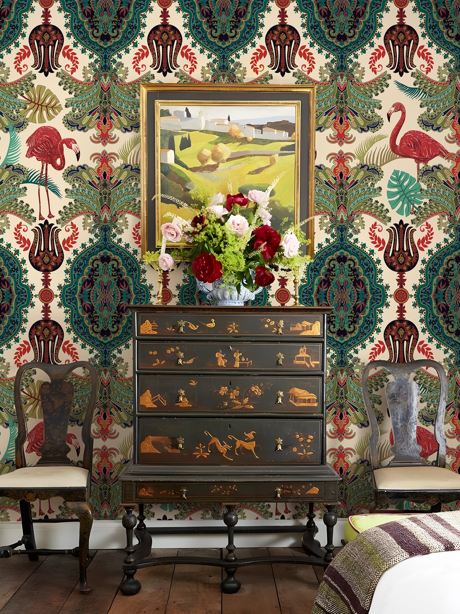 HaokHome Peel and Stick Wallpaper Boho Tropical Flamingo and Leaf Pattern Vintage Baroque Wall Mural Removable Vinyl Self Adhesive Wallpaper for Living Room Bedroom Accent Wall