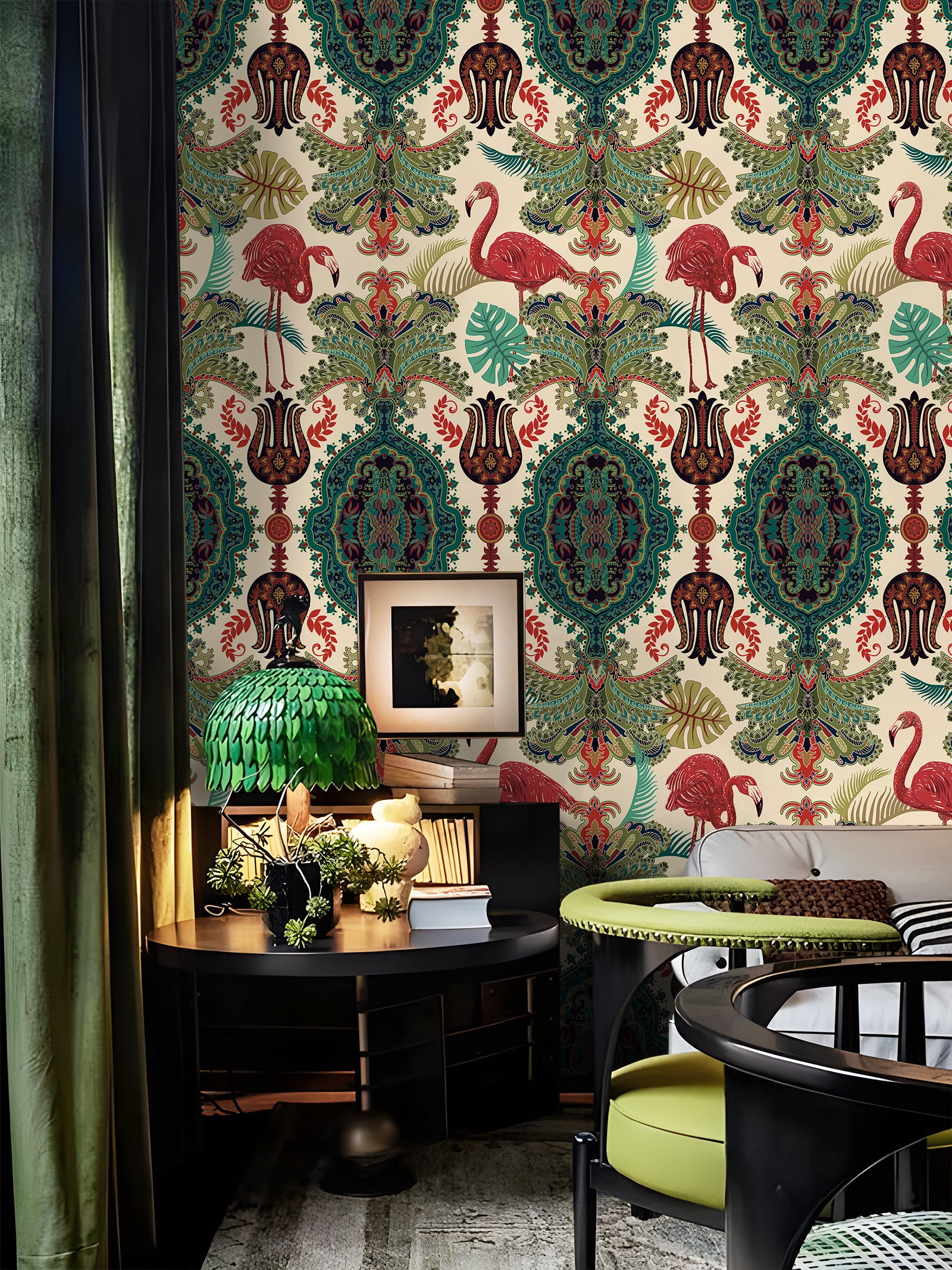 HaokHome Peel and Stick Wallpaper Boho Tropical Flamingo and Leaf Pattern Vintage Baroque Wall Mural Removable Vinyl Self Adhesive Wallpaper for Living Room Bedroom Accent Wall