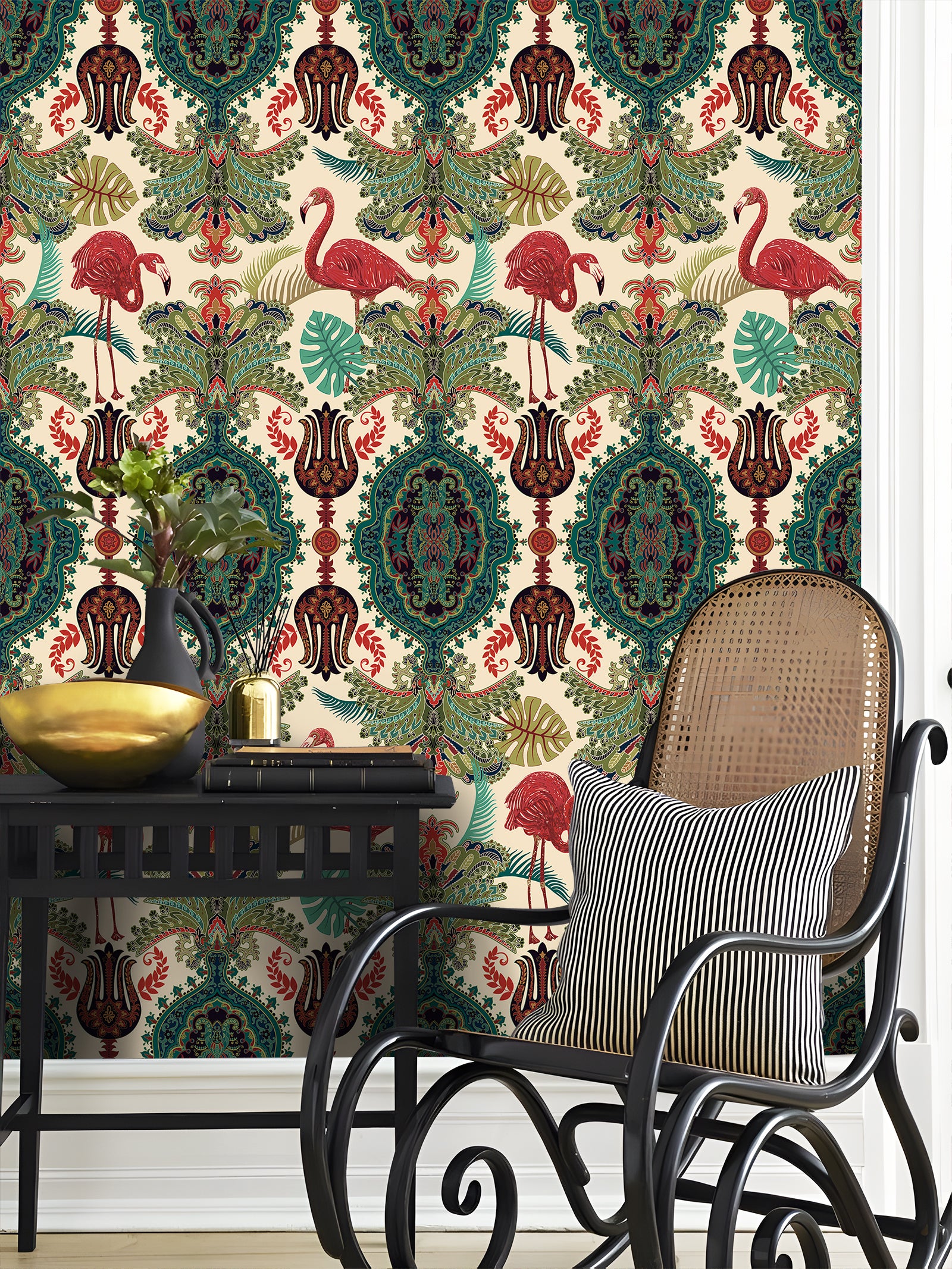 HaokHome Peel and Stick Wallpaper Boho Tropical Flamingo and Leaf Pattern Vintage Baroque Wall Mural Removable Vinyl Self Adhesive Wallpaper for Living Room Bedroom Accent Wall