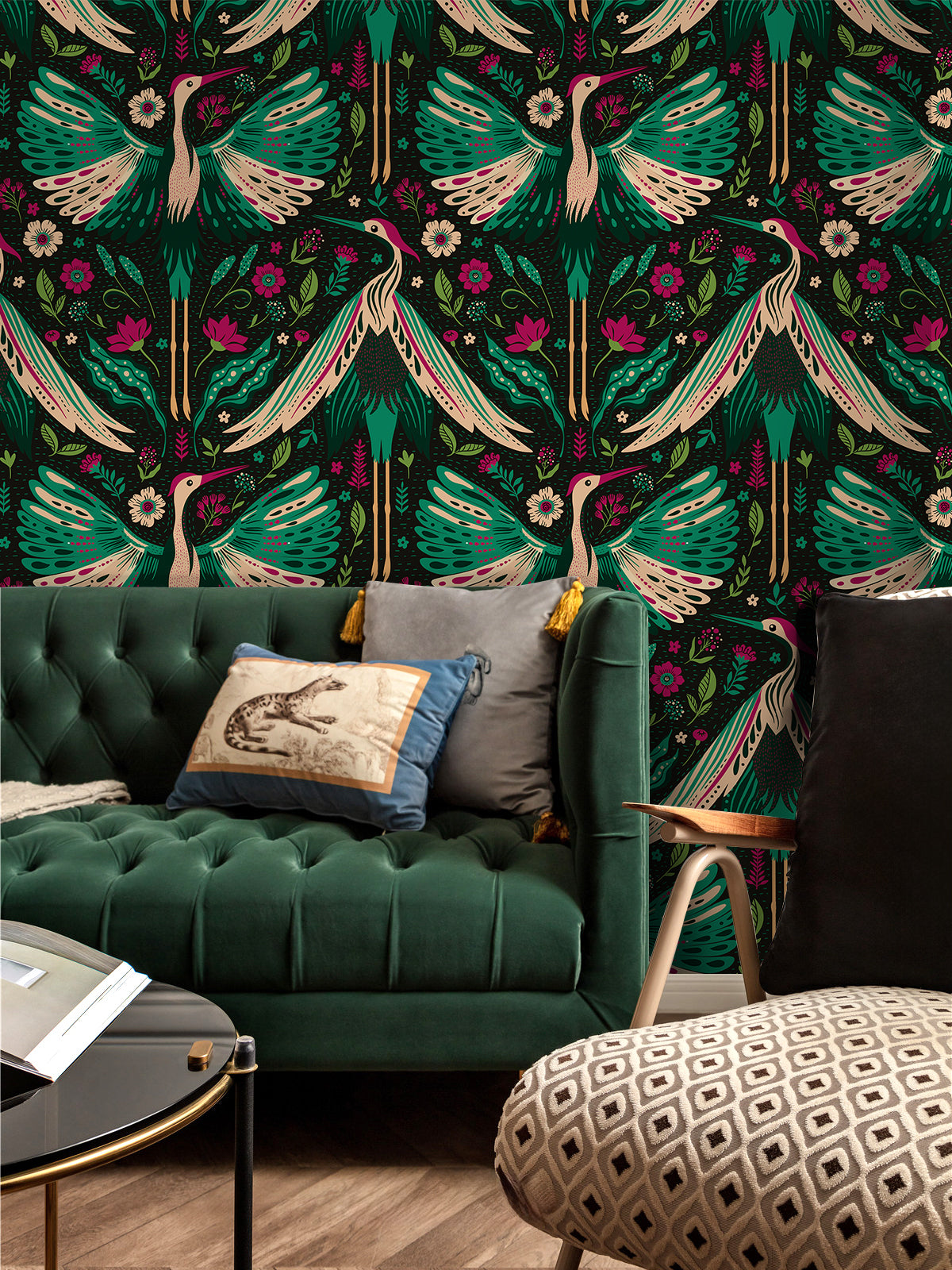 HaokHome Peel and Stick Wallpaper Boho Vintage Crane and Floral Pattern Dark Botanical Wall Mural Removable Vinyl Self Adhesive Wallpaper for Bedroom Living Room Accent Wall Nature Decor