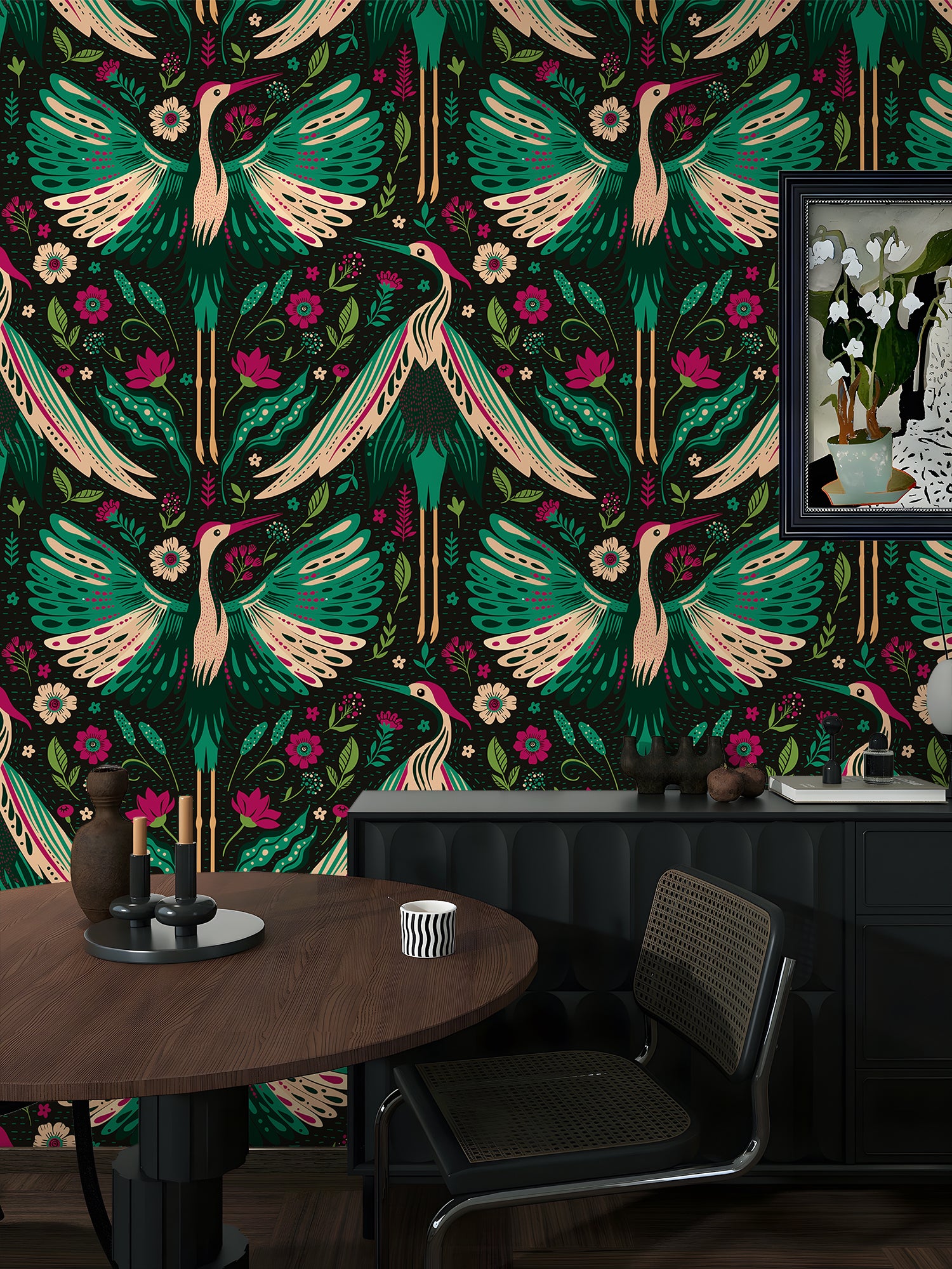 HaokHome Peel and Stick Wallpaper Boho Vintage Crane and Floral Pattern Dark Botanical Wall Mural Removable Vinyl Self Adhesive Wallpaper for Bedroom Living Room Accent Wall Nature Decor