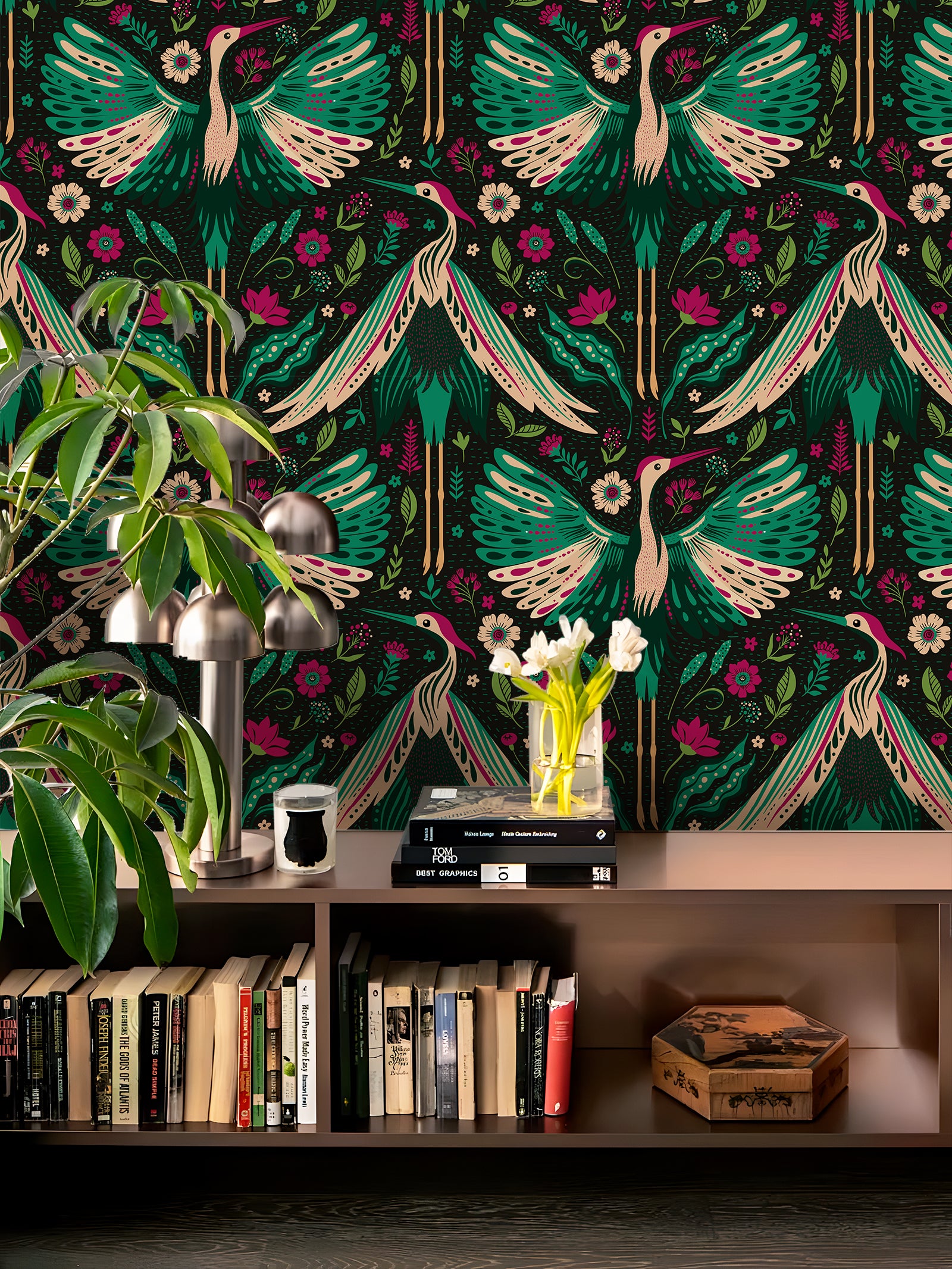 HaokHome Peel and Stick Wallpaper Boho Vintage Crane and Floral Pattern Dark Botanical Wall Mural Removable Vinyl Self Adhesive Wallpaper for Bedroom Living Room Accent Wall Nature Decor