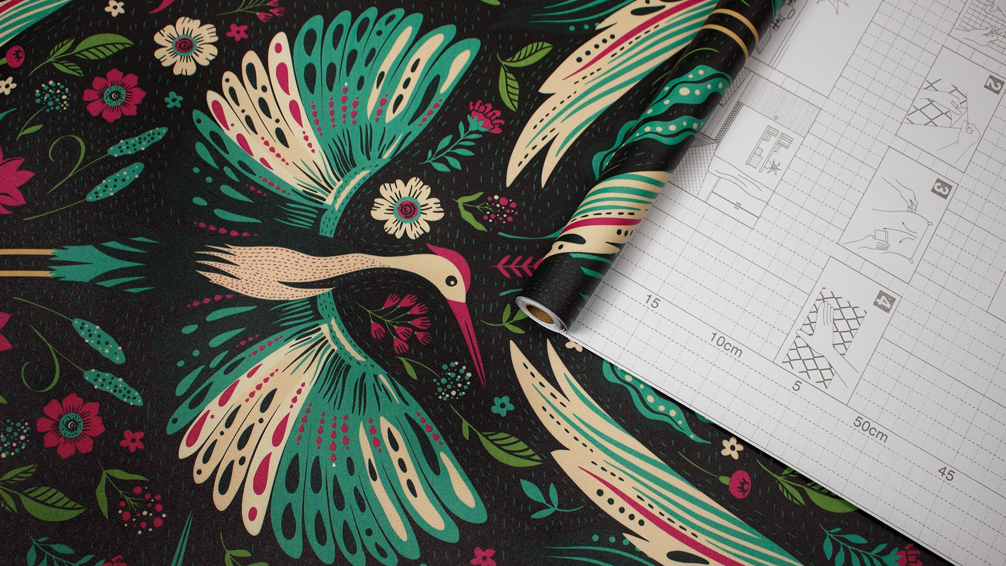 HaokHome Peel and Stick Wallpaper Boho Vintage Crane and Floral Pattern Dark Botanical Wall Mural Removable Vinyl Self Adhesive Wallpaper for Bedroom Living Room Accent Wall Nature Decor