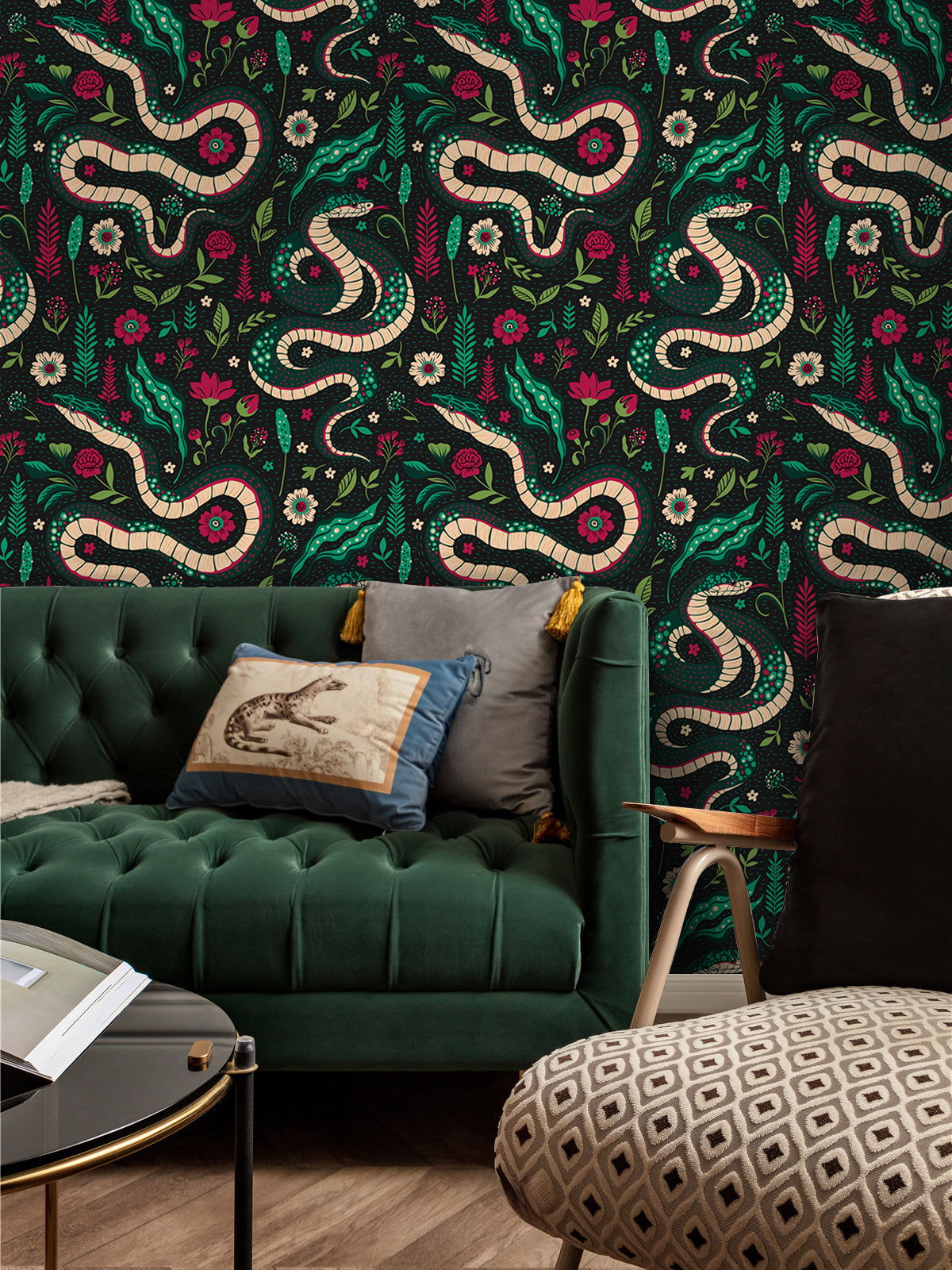 HaokHome Peel and Stick Wallpaper Boho Vintage Snake and Floral Pattern Dark Botanical Wall Mural Removable Vinyl Self Adhesive Wallpaper for Bedroom Living Room Accent Wall