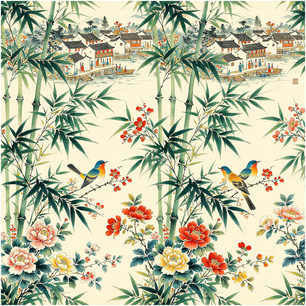 HaokHome Peel and Stick Wallpaper Chinoiserie Bamboo Bird Floral Landscape Wall Mural Removable Self Adhesive Vintage Botanical Wallpaper