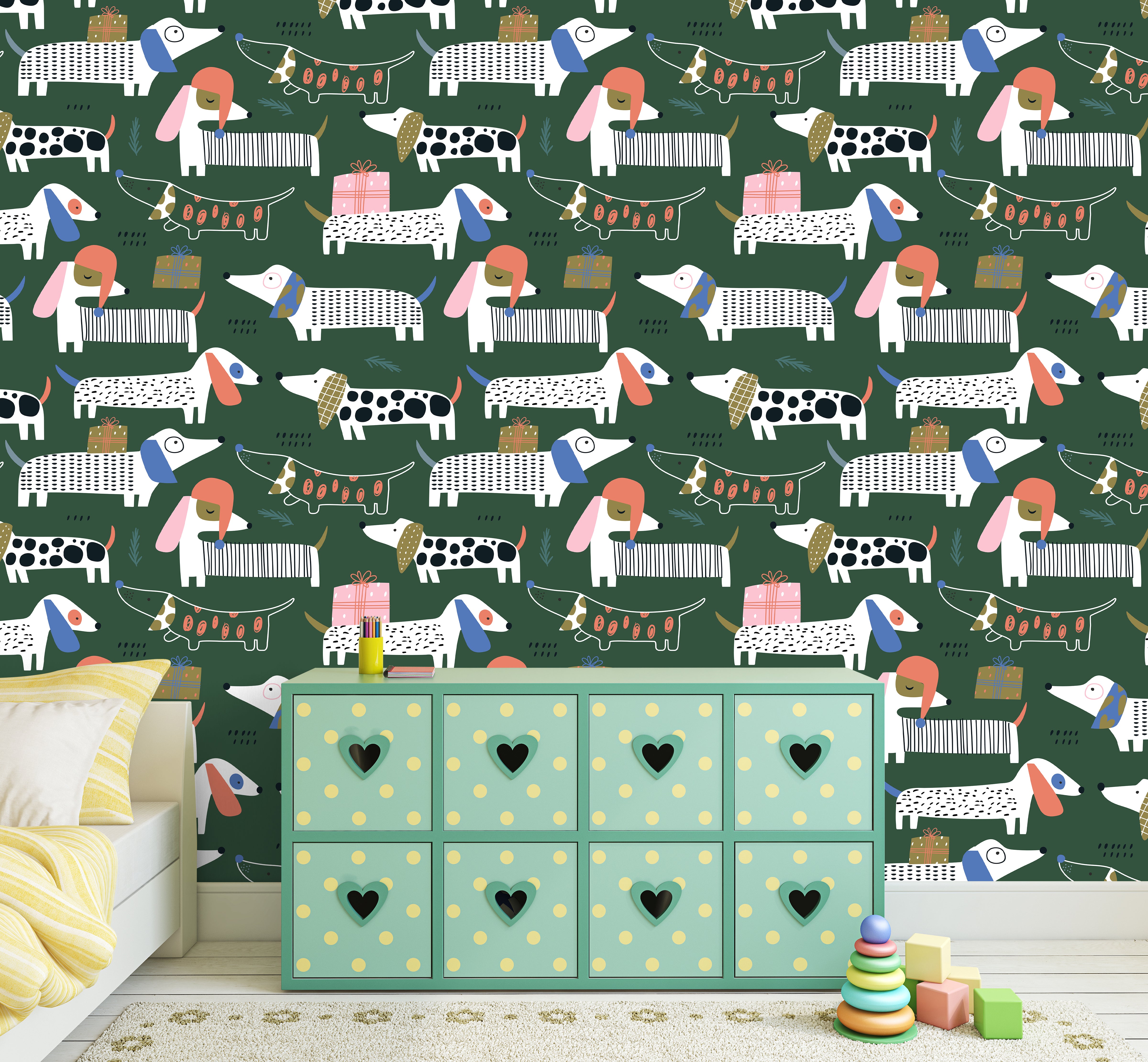 HaokHome Peel and Stick Wallpaper Christmas Dachshund Dog Pattern Removable Wallpaper