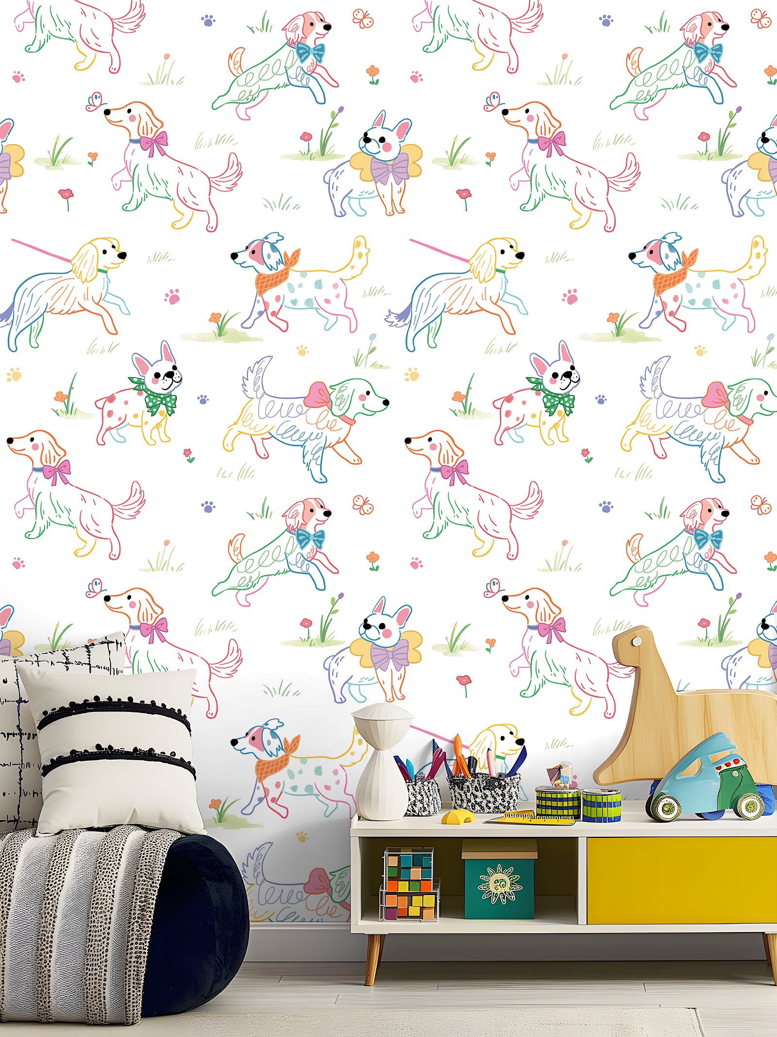 HaokHome Peel and Stick Wallpaper Cute Colorful Puppy Dog Cartoon Wall Mural Removable Self Adhesive Kids Room Nursery Playroom Decor