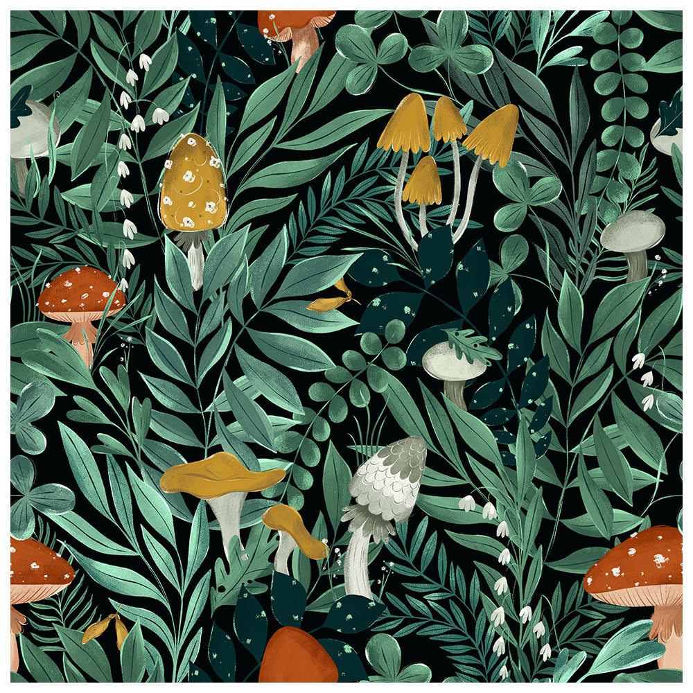 HaokHome Peel and Stick Wallpaper Forest Mushroom Botanical Pattern Wall Mural Dark Green Nature Foliage Removable Vinyl Self Adhesive Wallpaper