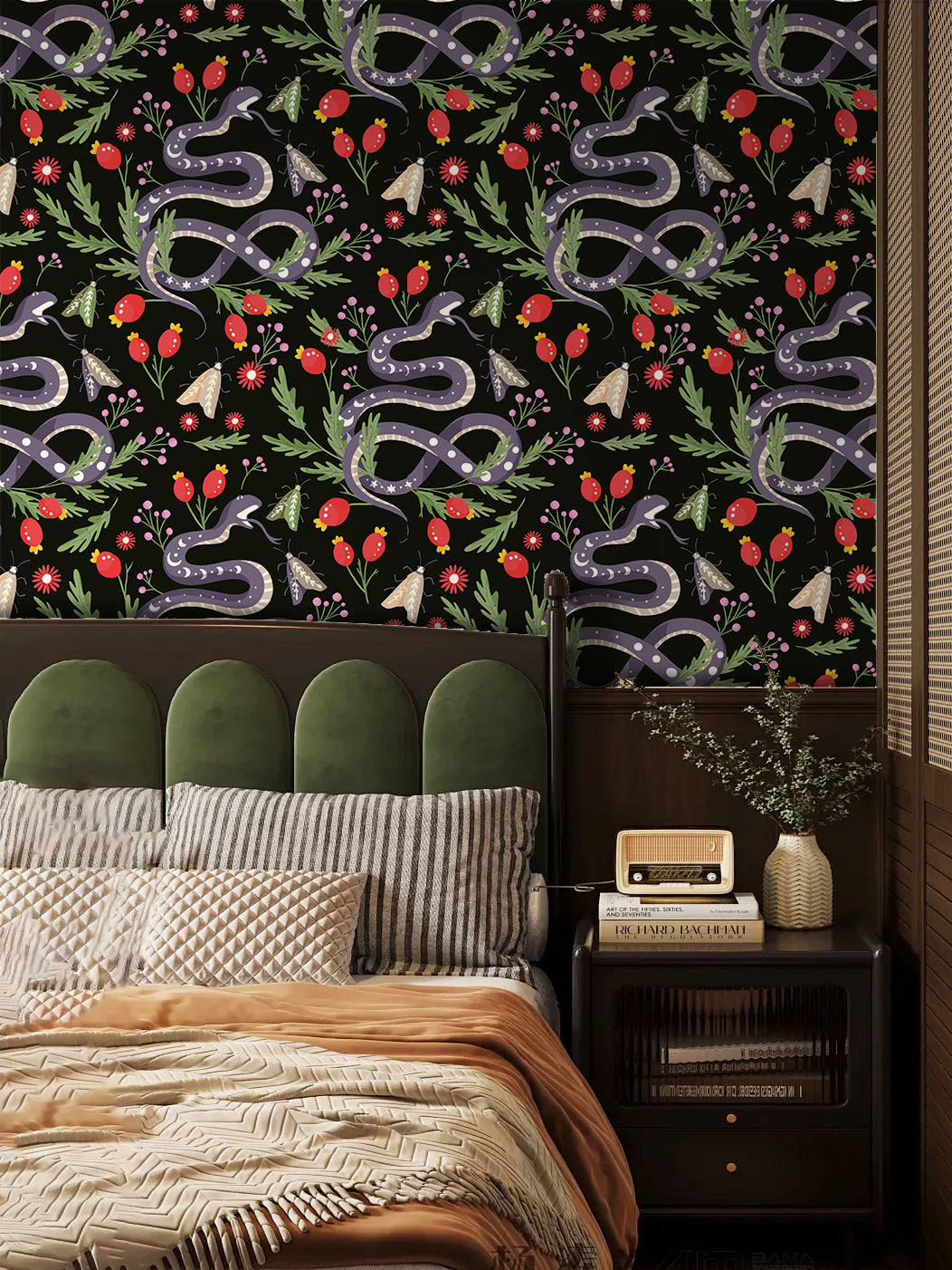 HaokHome Peel and Stick Wallpaper Dark Botanical Serpent Pattern Wall Mural with Red Berries and Moths Removable Self Adhesive Vinyl Wallpaper for Living Room Bedroom Accent Wall Decor