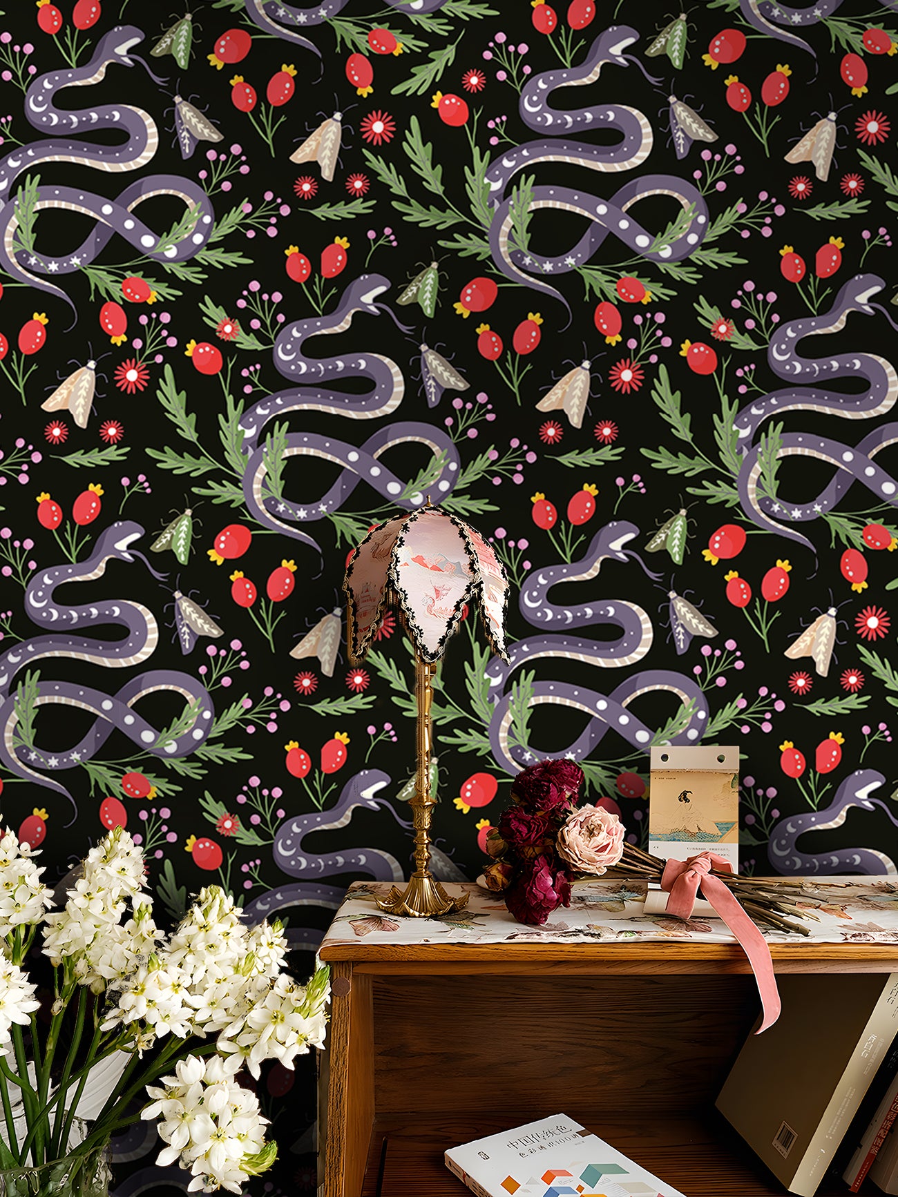 HaokHome Peel and Stick Wallpaper Dark Botanical Serpent Pattern Wall Mural with Red Berries and Moths Removable Self Adhesive Vinyl Wallpaper for Living Room Bedroom Accent Wall Decor