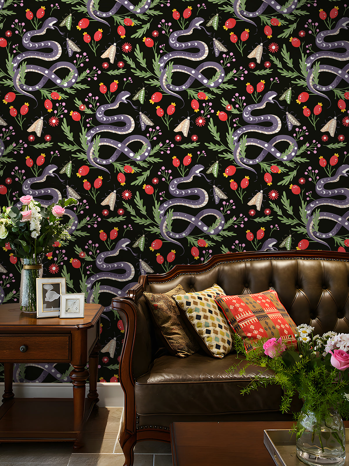 HaokHome Peel and Stick Wallpaper Dark Botanical Serpent Pattern Wall Mural with Red Berries and Moths Removable Self Adhesive Vinyl Wallpaper for Living Room Bedroom Accent Wall Decor