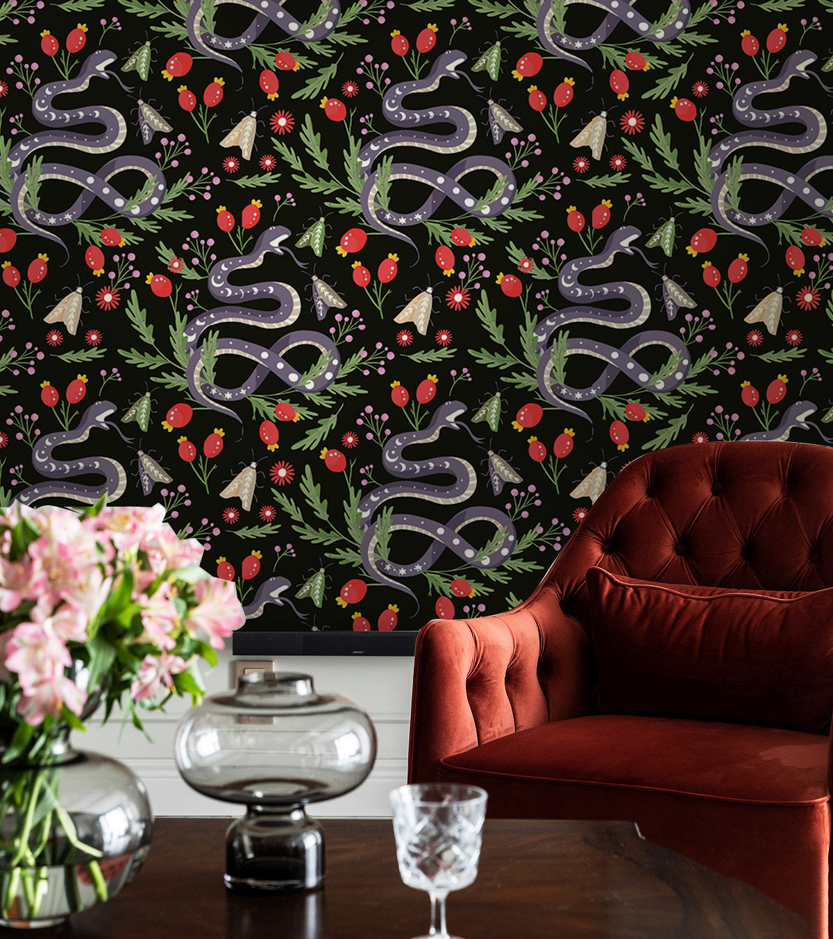 HaokHome Peel and Stick Wallpaper Dark Botanical Serpent Pattern Wall Mural with Red Berries and Moths Removable Self Adhesive Vinyl Wallpaper for Living Room Bedroom Accent Wall Decor