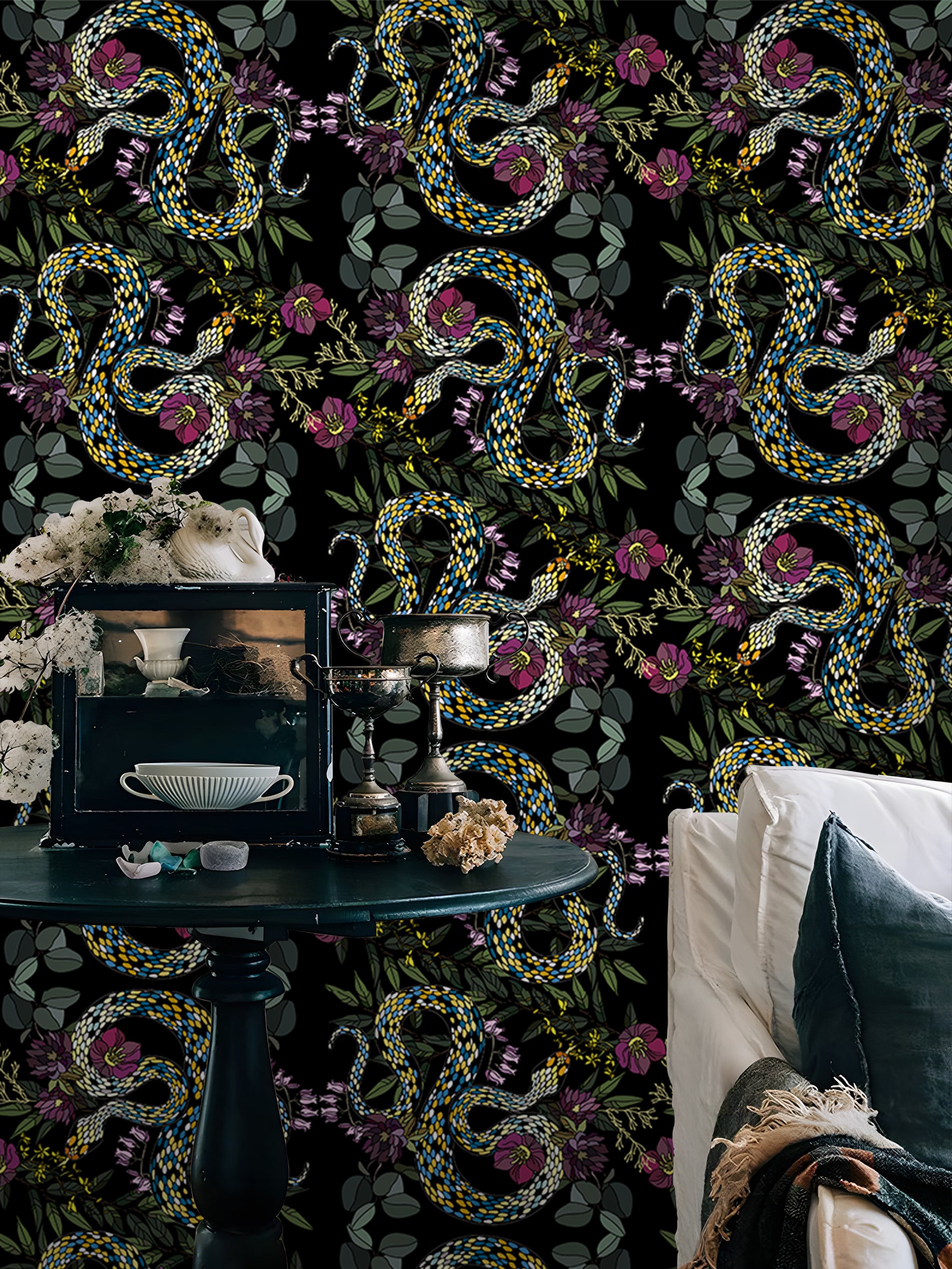 HaokHome Peel and Stick Wallpaper – Dark Botanical Snake and Floral Pattern Removable Self Adhesive Wallpaper for Accent Wall or Bedroom Decor