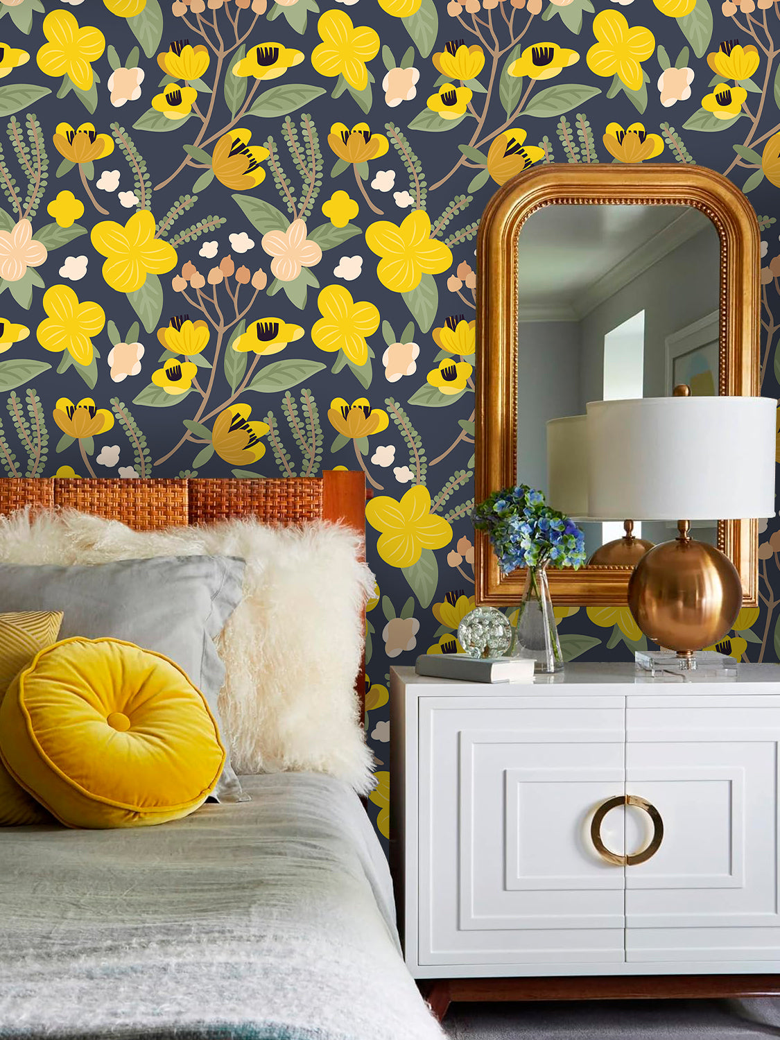 HaokHome Peel and Stick Wallpaper Dark Gray Yellow Floral Pattern Wall Mural Removable Vinyl Self Adhesive Wallpaper for Bedroom Living Room Modern Retro Decor