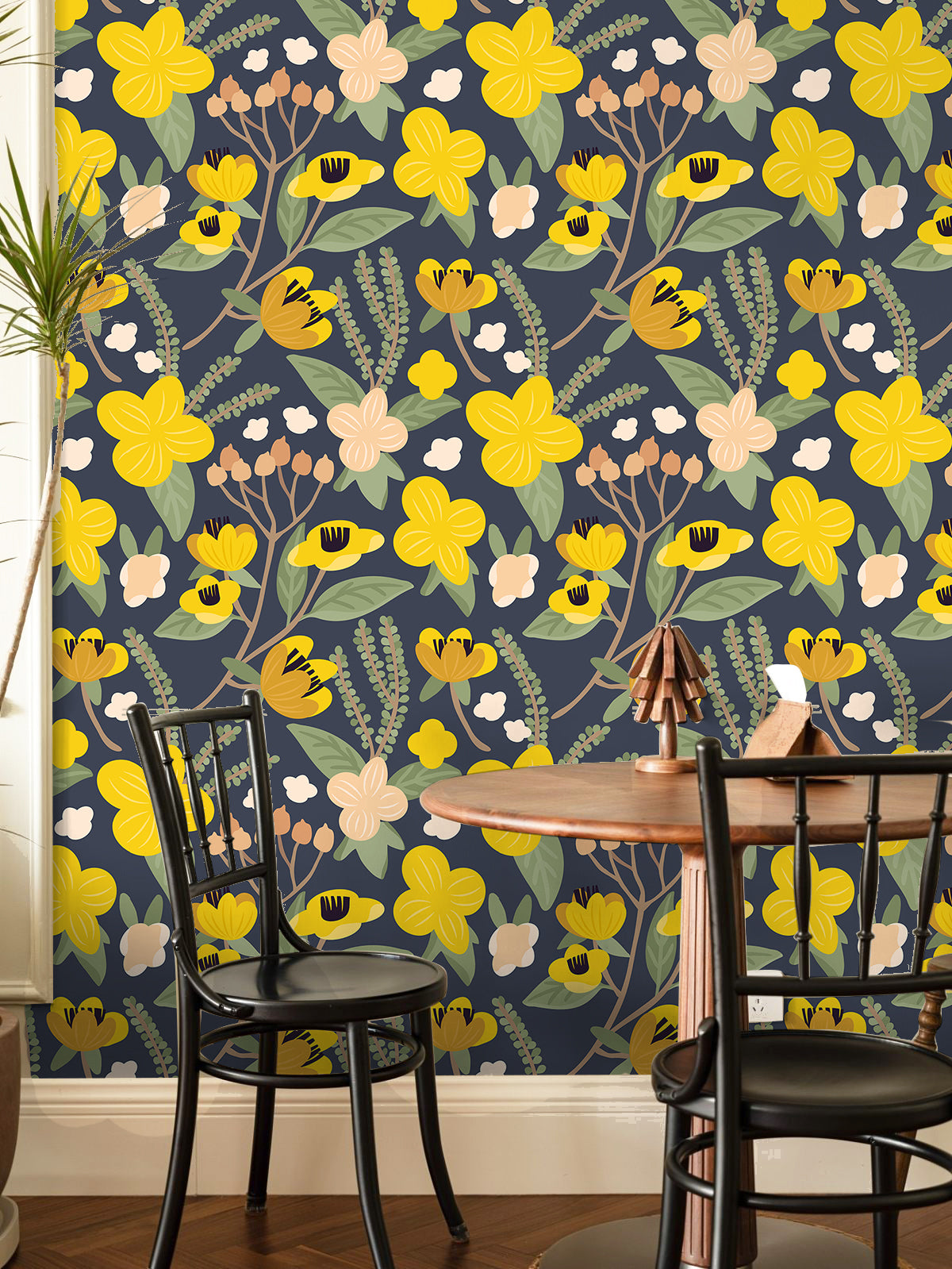 HaokHome Peel and Stick Wallpaper Dark Gray Yellow Floral Pattern Wall Mural Removable Vinyl Self Adhesive Wallpaper for Bedroom Living Room Modern Retro Decor