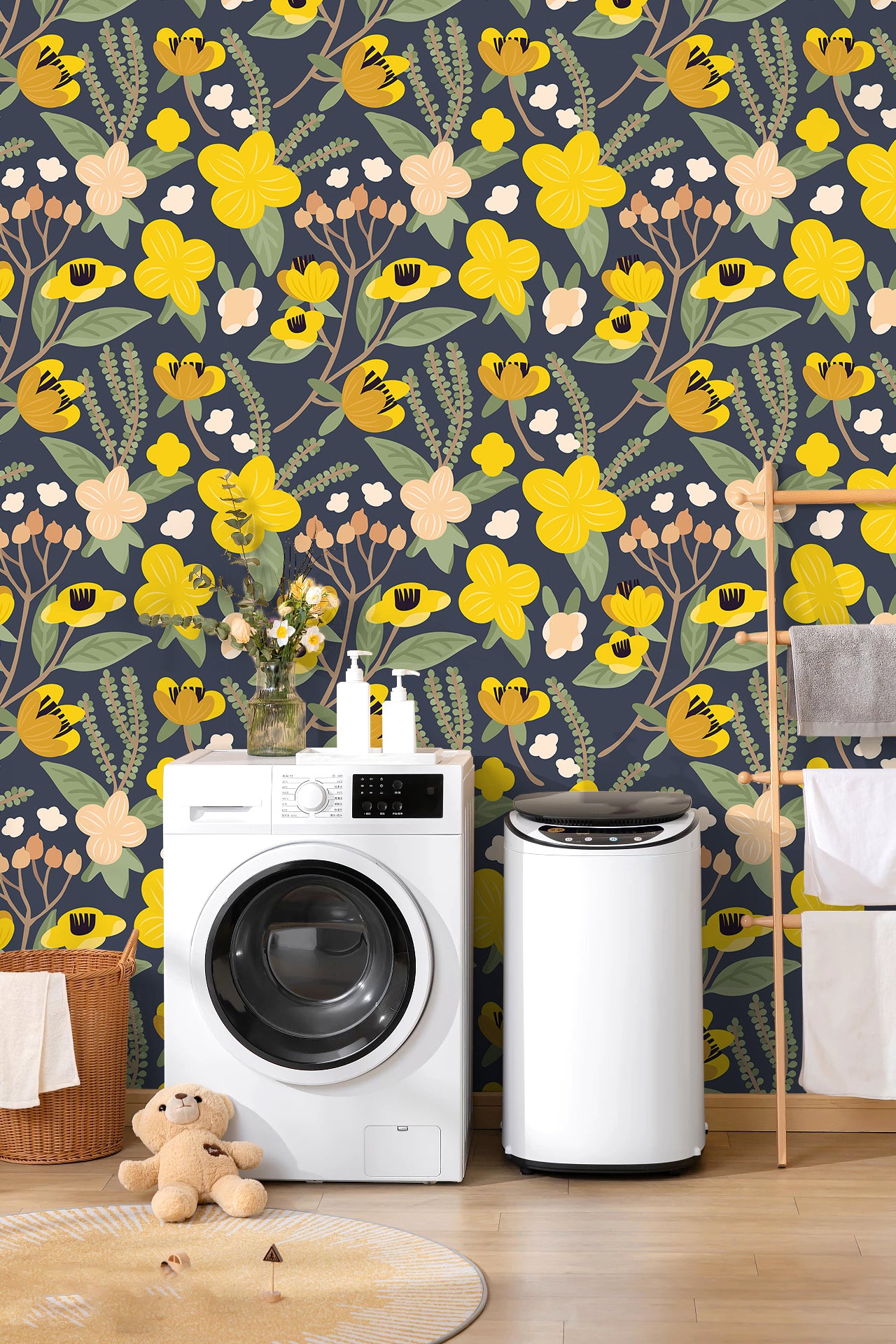 HaokHome Peel and Stick Wallpaper Dark Gray Yellow Floral Pattern Wall Mural Removable Vinyl Self Adhesive Wallpaper for Bedroom Living Room Modern Retro Decor