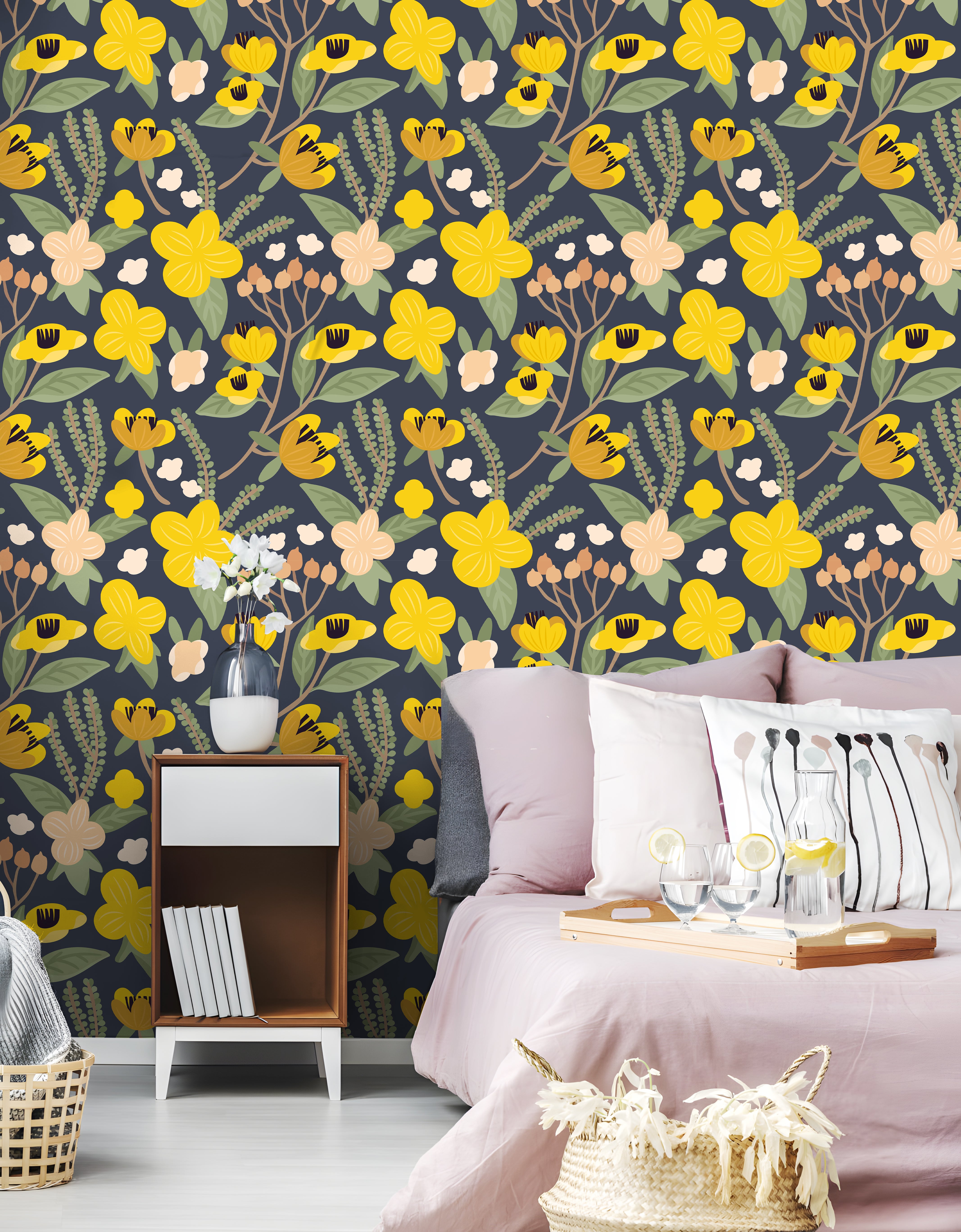 HaokHome Peel and Stick Wallpaper Dark Gray Yellow Floral Pattern Wall Mural Removable Vinyl Self Adhesive Wallpaper for Bedroom Living Room Modern Retro Decor