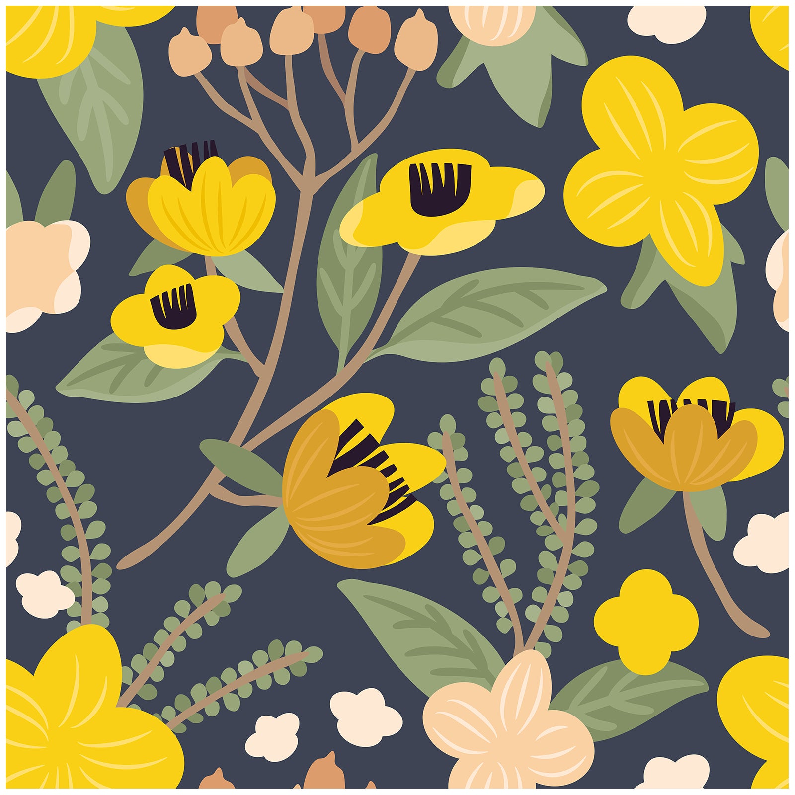 HaokHome Peel and Stick Wallpaper Dark Gray Yellow Floral Pattern Wall Mural Removable Vinyl Self Adhesive Wallpaper for Bedroom Living Room Modern Retro Decor