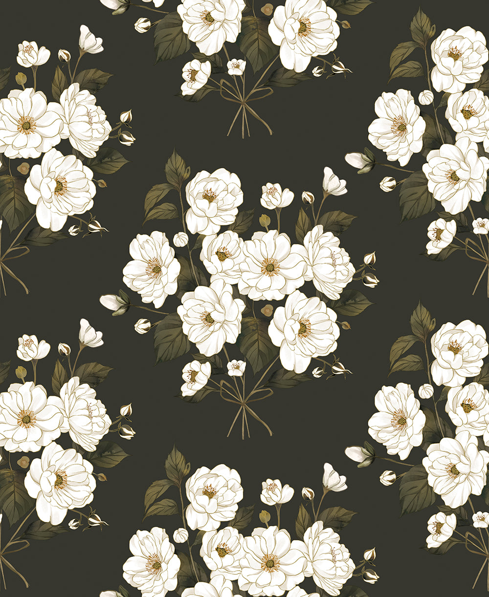 HaokHome Peel and Stick Wallpaper Dark Green White Rose Bouquet Removable Wall Decor with Vintage Floral Pattern for Moody Cottagecore Room
