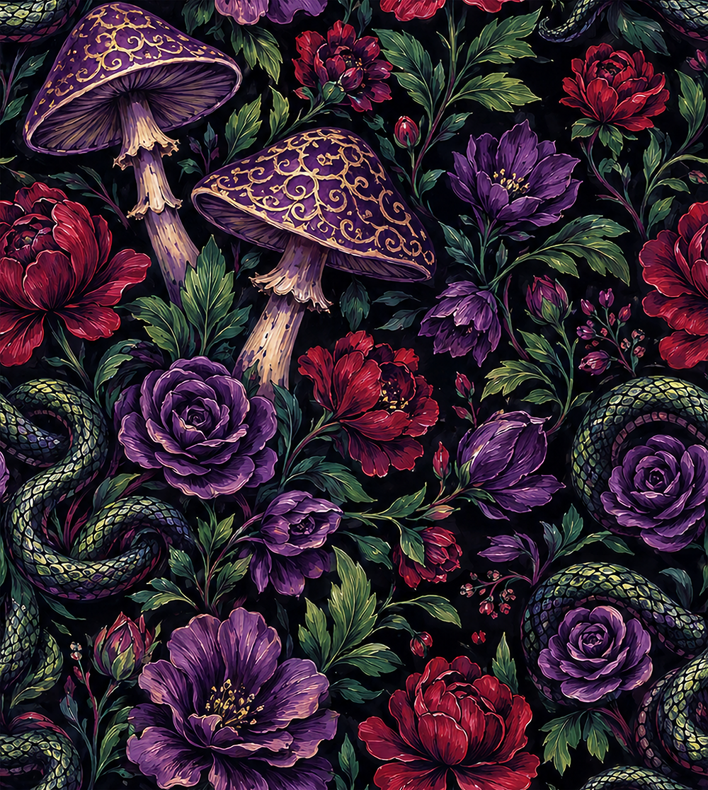 HaokHome Peel and Stick Wallpaper Dark Purple Rose Mushroom Snake Wall Mural Removable Self Adhesive Gothic Botanical Wallpaper