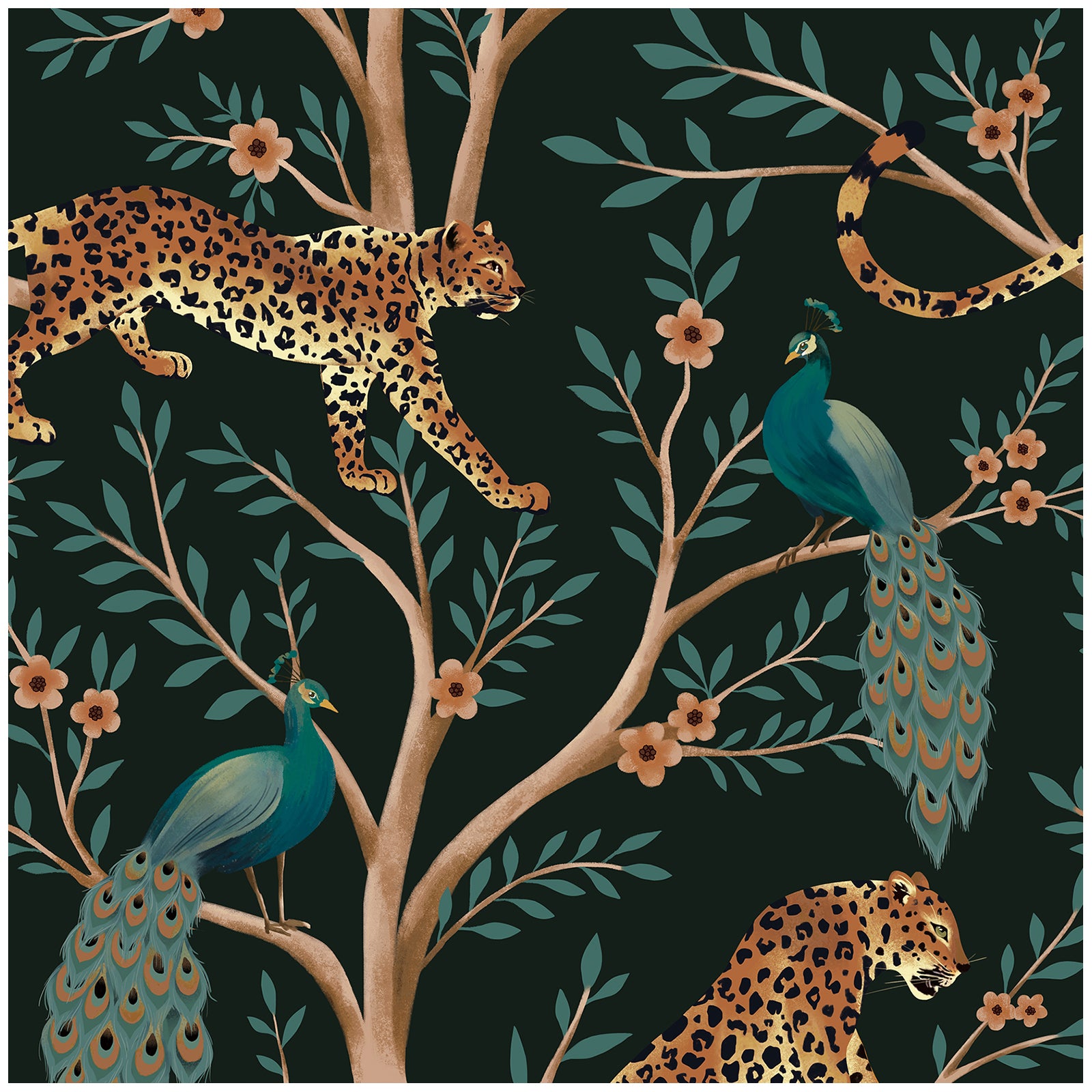 HaokHome Peel and Stick Wallpaper Floral Boho Brown Green Peach Retro Tiger Peacock Tree Wall Mural Removable Bathroom Bedroom Living Room Decor
