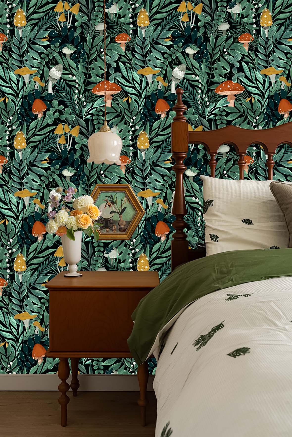 HaokHome Peel and Stick Wallpaper Forest Mushroom Botanical Pattern Wall Mural Dark Green Nature Foliage Removable Vinyl Self Adhesive Wallpaper