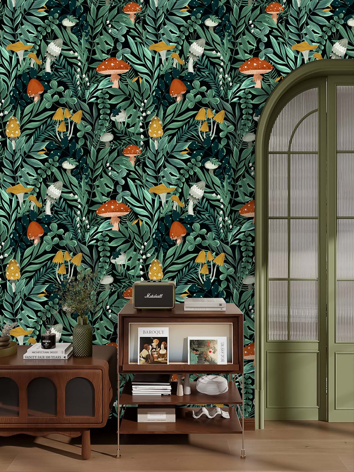 HaokHome Peel and Stick Wallpaper Forest Mushroom Botanical Pattern Wall Mural Dark Green Nature Foliage Removable Vinyl Self Adhesive Wallpaper