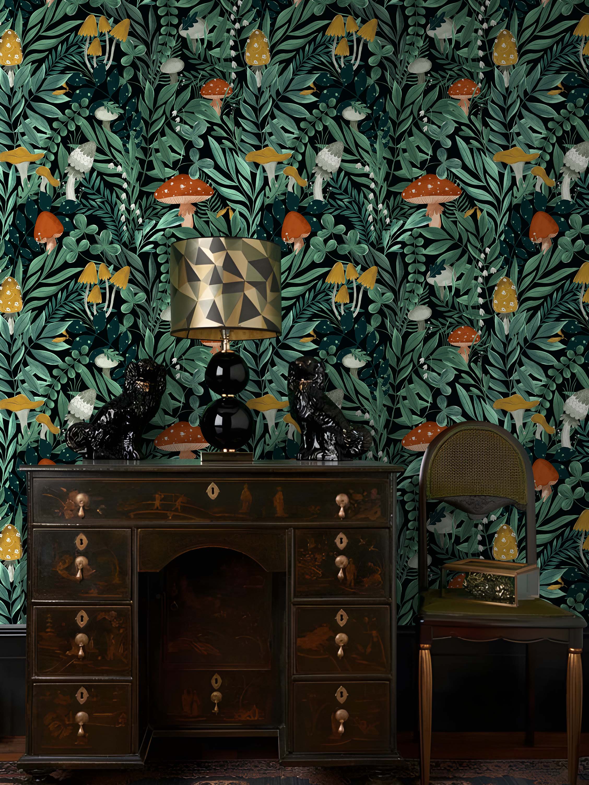 HaokHome Peel and Stick Wallpaper Forest Mushroom Botanical Pattern Wall Mural Dark Green Nature Foliage Removable Vinyl Self Adhesive Wallpaper