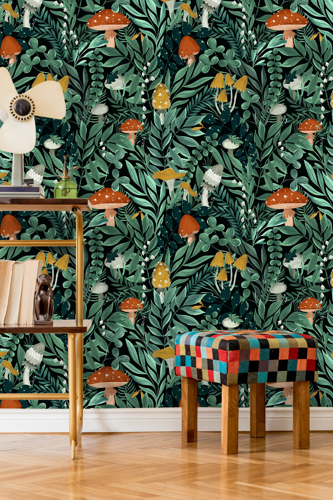 HaokHome Peel and Stick Wallpaper Forest Mushroom Botanical Pattern Wall Mural Dark Green Nature Foliage Removable Vinyl Self Adhesive Wallpaper