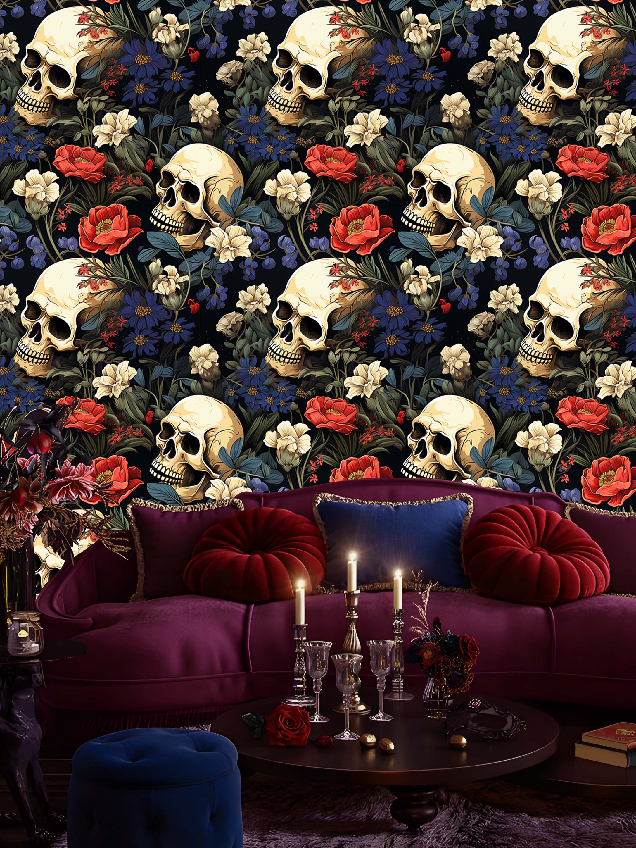 HaokHome Peel and Stick Wallpaper Gothic Floral Skull Wall Mural Removable Self Adhesive Dark Vintage Wallpaper for Bedroom Living Room Decor
