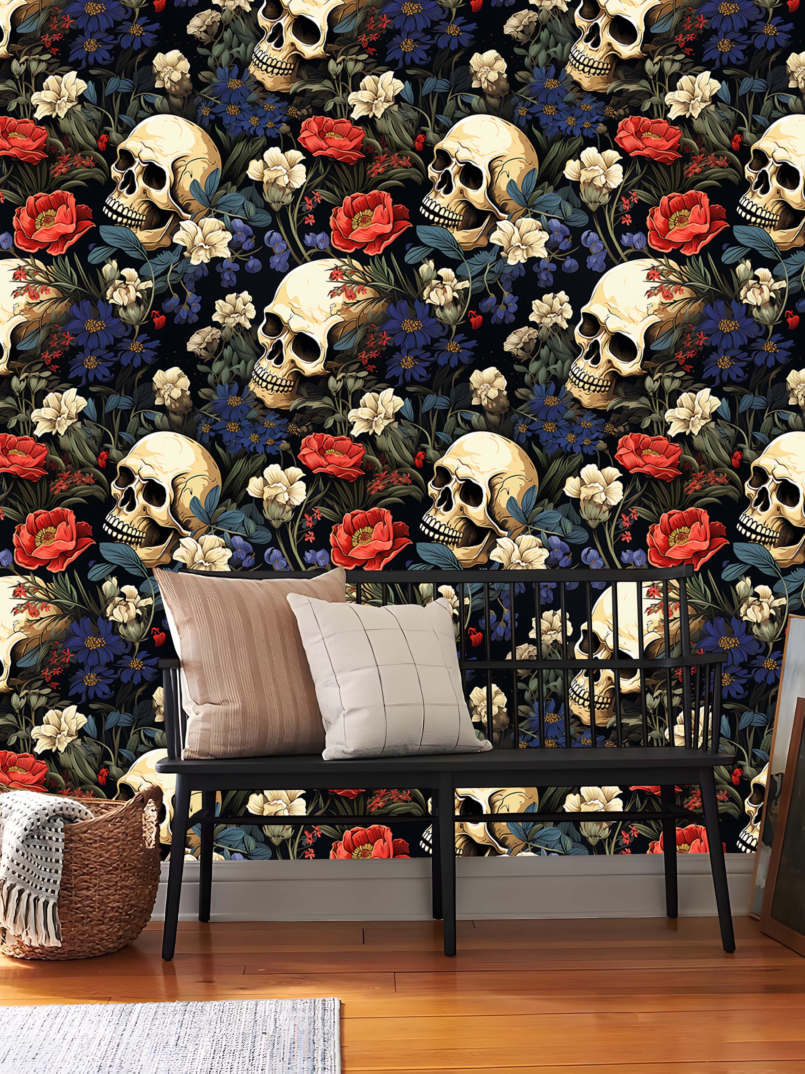 HaokHome Peel and Stick Wallpaper Gothic Floral Skull Wall Mural Removable Self Adhesive Dark Vintage Wallpaper for Bedroom Living Room Decor