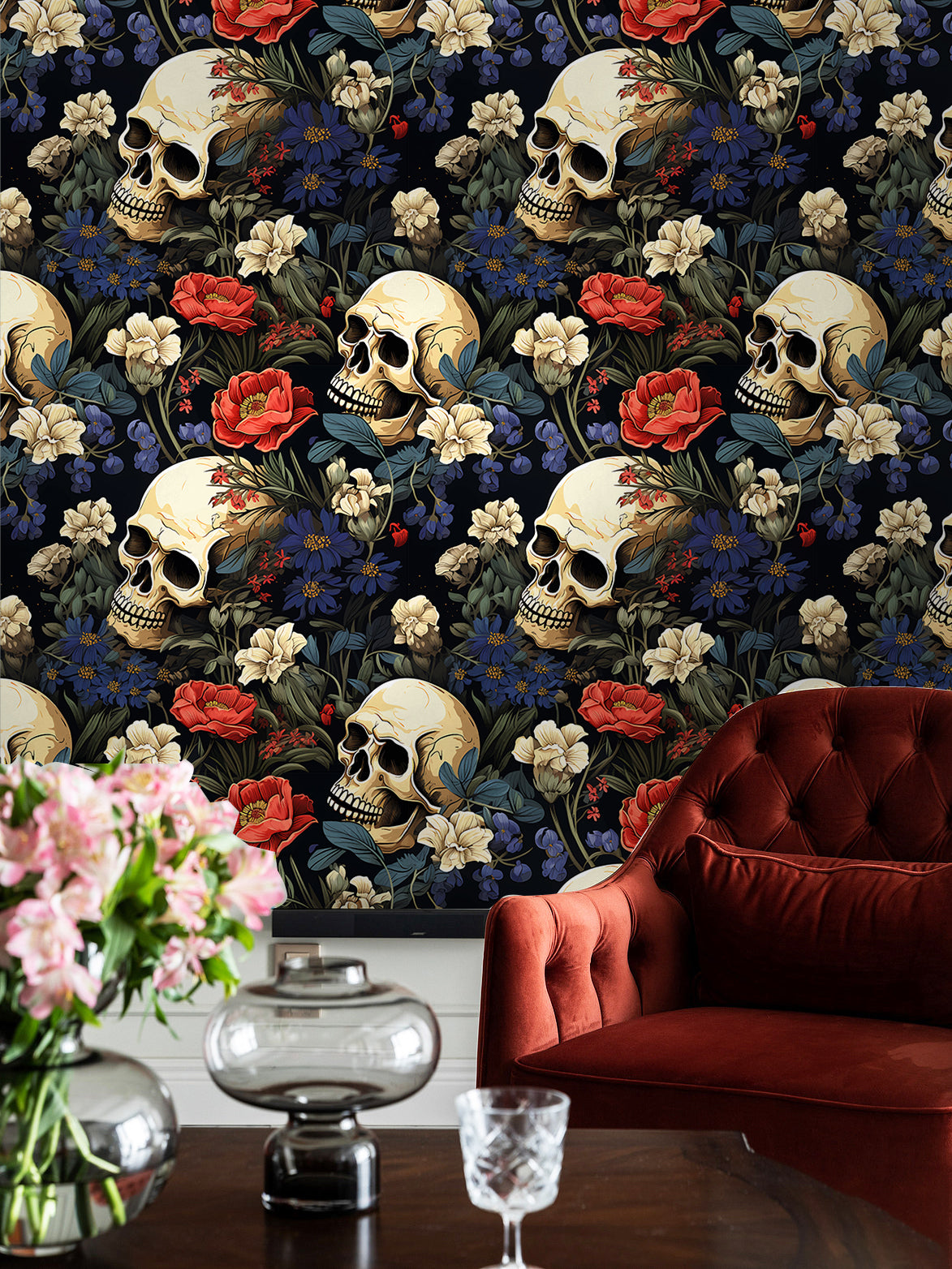 HaokHome Peel and Stick Wallpaper Gothic Floral Skull Wall Mural Removable Self Adhesive Dark Vintage Wallpaper for Bedroom Living Room Decor
